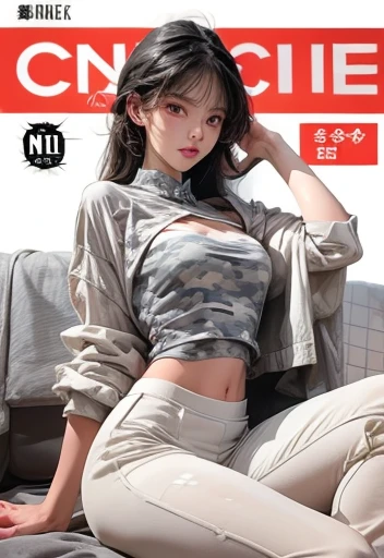   (Cover comic magazine:1.6) Best quality, masterpiece, portrait, perfect anatomy, irreproachable, 1 woman, One, Sexual, stylish, mature, Silver pants, croptop, jacket, Long hair, female, chill, queen, correct female anatomy,Chinese woman, very long cut, black hair, flat bangs hair, sexy woman, military, smiling, single woman, large breasts, tight camouflage strapless tube top, tight camouflage legging pants, white knee high boots, sexy pose hot, salon scene