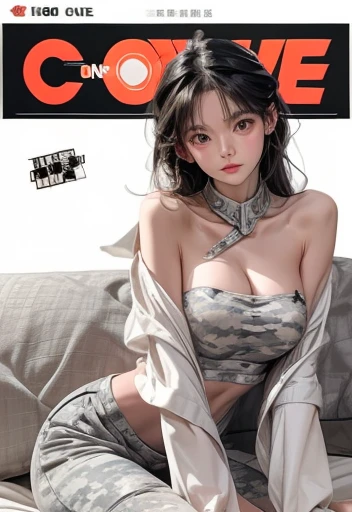   (Cover comic magazine:1.6) Best quality, masterpiece, portrait, perfect anatomy, irreproachable, 1 woman, One, Sexual, stylish, mature, Silver pants, croptop, jacket, Long hair, female, chill, queen, correct female anatomy,Chinese woman, very long cut, black hair, flat bangs hair, sexy woman, military, smiling, single woman, large breasts, tight camouflage strapless tube top, tight camouflage legging pants, white knee high boots, sexy pose hot, salon scene