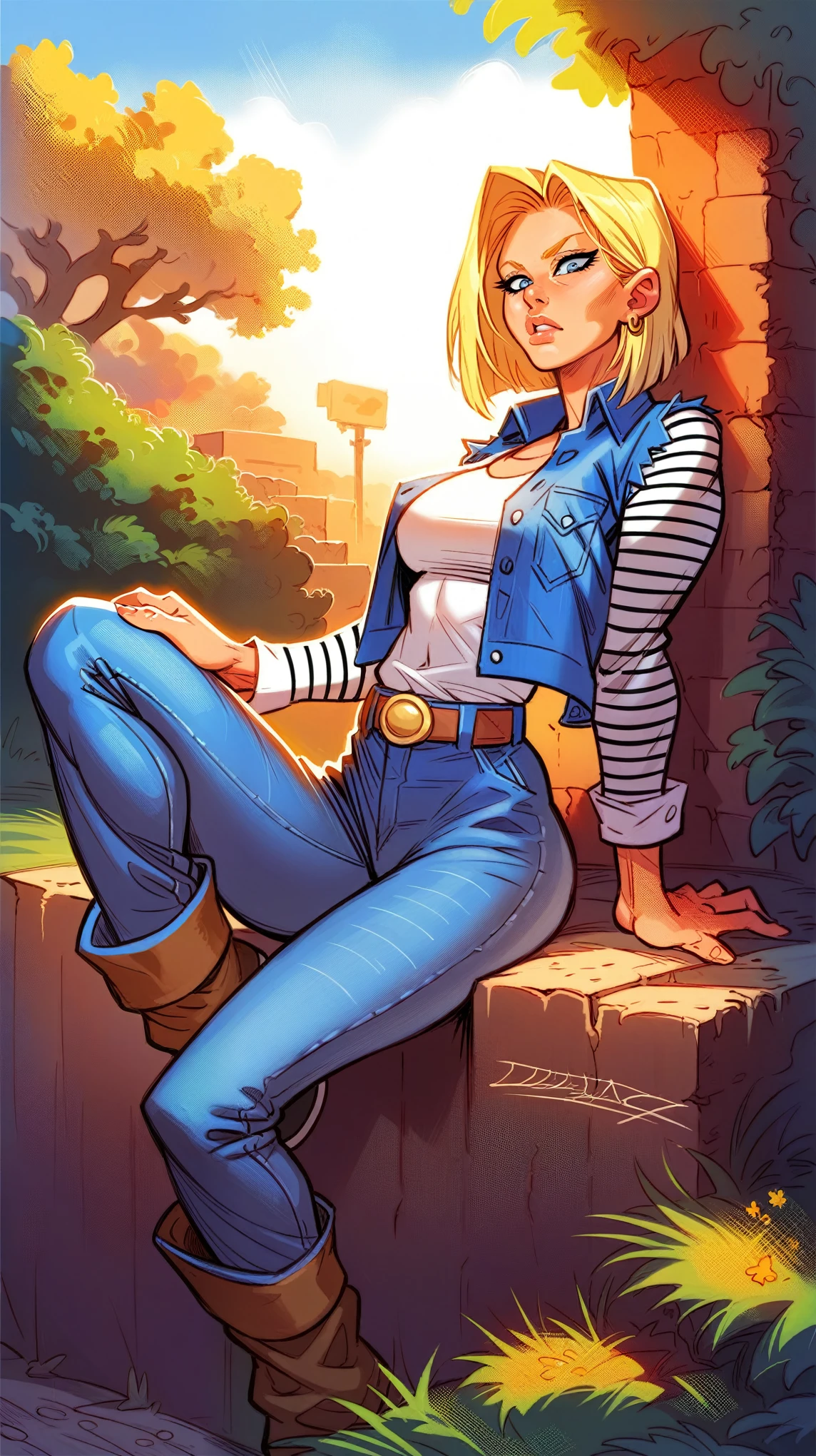 a beautiful detailed android18 with denim outfit, belt, outdoor activities, chiaroscuro lighting, ray tracing, ridiculous, sharp focus, volumetric lighting, tone mapping, photorealistic, 8k, masterpiece