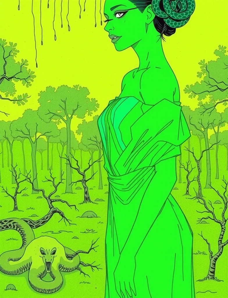 Medusa, comic panel, candid,((art style "Sean Gordon Murphy" comic drawing, splash panel)), snake skin dress, (background, pine barrens, entropy, rewilding, magic hour nautical twilight), body drawn in Frederic Delavier musculature anatomical illustration art style, (face, ornate black metal corpse paint, resembles Grace Jones), silhouette, full body portrait, (body, Naga, snakefolk, lower body snake tail, snake woman hybrid, bald, hairless, skeleton, snake skin tattoos, piercing eyes, snake pupils), craftsmanship nuance, full body portrait, (colors, forest green to earth brown, merge bleak muted deep fiery radiant glowing CMYK hues, (horror, abstract, surreal, body, cosmic), (art style Gerardo Zaffino charcoal), double exposure, optical illusion, nyctophobia, subliminal orchids, unfinished,