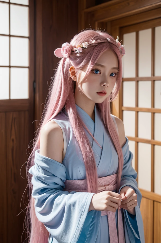 masterpiece, The best,Lux-BK, 1 girl, alone, long hair, pink hair, very long hair, blue eyes, hair accessories, Japanese Clothing, Detached sleeves