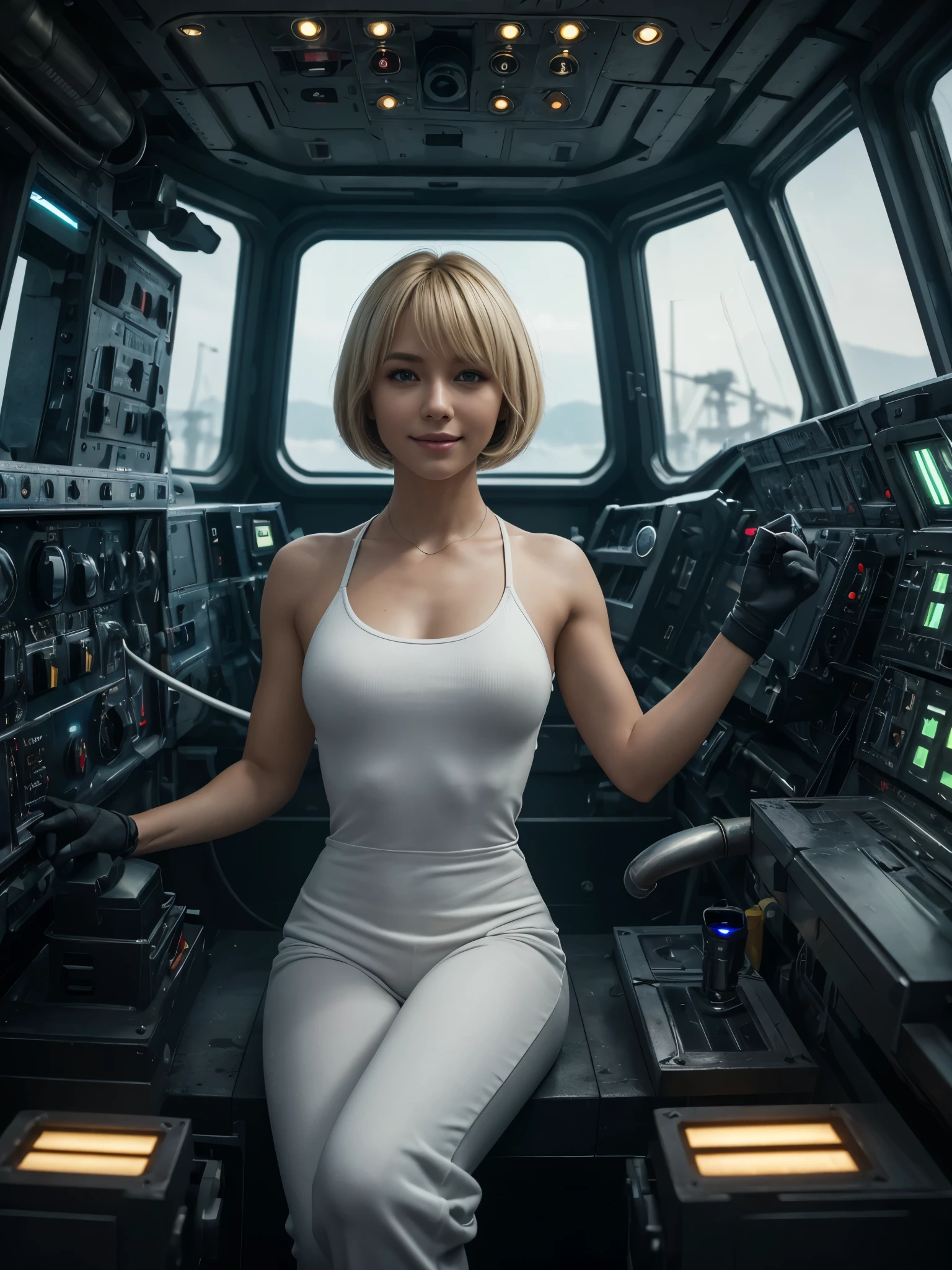 (ultra-detailed, photorealistic, best quality, 4k, 8k, highres, masterpiece:1.3), a stunning and formidable woman with a perfect athletic body, Blonde bob cut hair style, white shirt, green coveralls that are very dirty, dirt and grease on her face, she has a gentle smile,, she is a hardworking girl of the future, futuristic machinery and technical equipment, space ship interior in the back ground