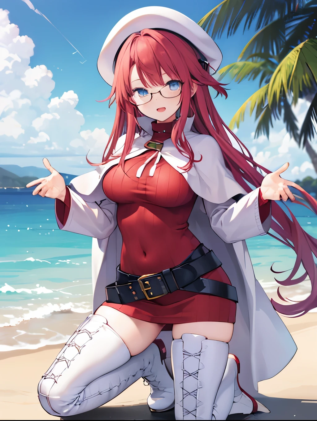 summonnightaty, aty, (young:1.3),long hair, blue eyes, red hair, big_tits, hat, glasses,
BREAK long hair, thighhighs, hat, dress, naked_legs, glasses, belt, cape, sweater, zettai ryouiki, beret, thigh boots, white footwear, ribbed sweater, loose belt,solo,
BREAK outdoors, fantasy,on_beach,
,Highquality_hads,perfect_fingers,
BREAK (masterpiece:1.2), best quality, high resolution, unity 8k wallpaper, (illustration:0.8), (beautiful detailed eyes:1.6), extremely detailed face, perfect lighting, extremely detailed CG, (perfect hands, perfect anatomy),covered_nipples,covered_navel ,half_eyes,long_sword,sleepy,red_sweater,apart_knees,magical_effect,spread_legs, have_a_book,teacher,rise_knee,Smile,rise_hand,look_down_viewer,spread_arms,sea_waves,looking_into,blue_sky,plump,open_mouth, dynamic_posing