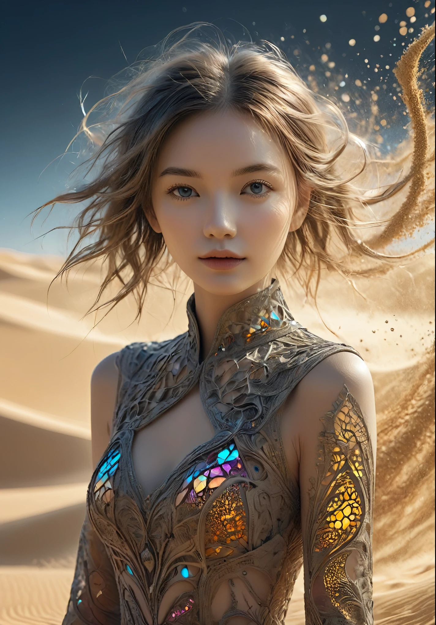 masterpiece, High Quality elemento do solo, sand,(1 girl),extremely detailed,(fractal art:1.3),colorful, more detailed,(a girl made of sand),8k,Digital Art, macro photo, quantum dots, sharp focus, dark shot, cinematic ,Micromundo,(shots in the upper thighs),front view,
