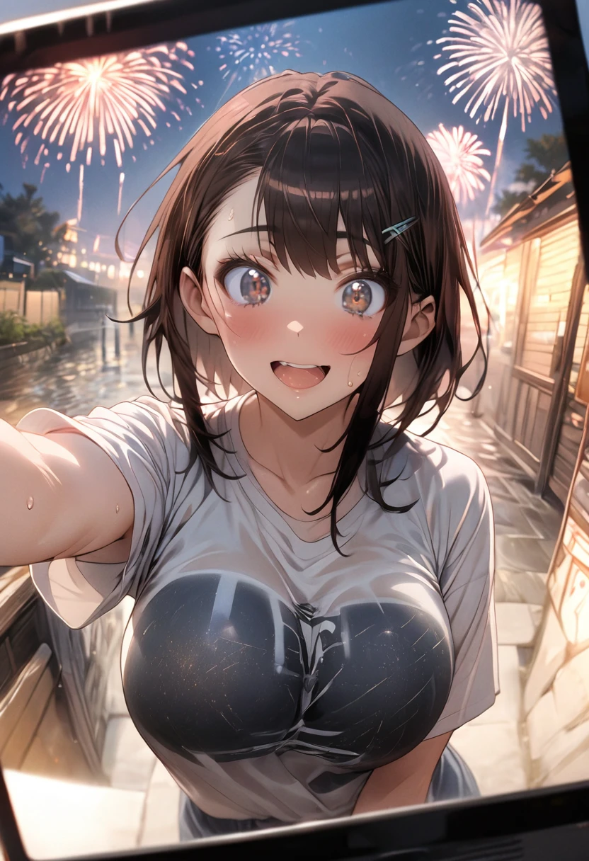 One Girl、(white shirt)、One Curl Bob Cut, Highest quality、Black Hair、Sweaty body、Big Breasts、Surprised、hairpin、View from below、expose one's cleavage、(Show your forehead)、(Fisheye lens effect:1.3)、(Girls pop out of the screen:1.5)、(fireworks display)、(meteor shower)、(pass through the screen:1.3)、sea、forward inclination