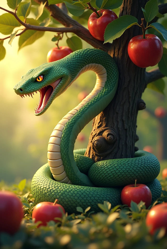 (best quality,8k,highres, masterpiece:1.2), (anime style),ultra-detailed, HDR, UHD, studio lighting, ultra-fine painting, sharp focus, physically-based rendering, extreme detail description, professional, vivid colors, bokeh, portraits, concept artists, warm color palette, dramatic lighting,(a snake that wraps itself around the branches of an apple tree and opens its mouth), (no people), apples that are becoming abundant, in the forest,