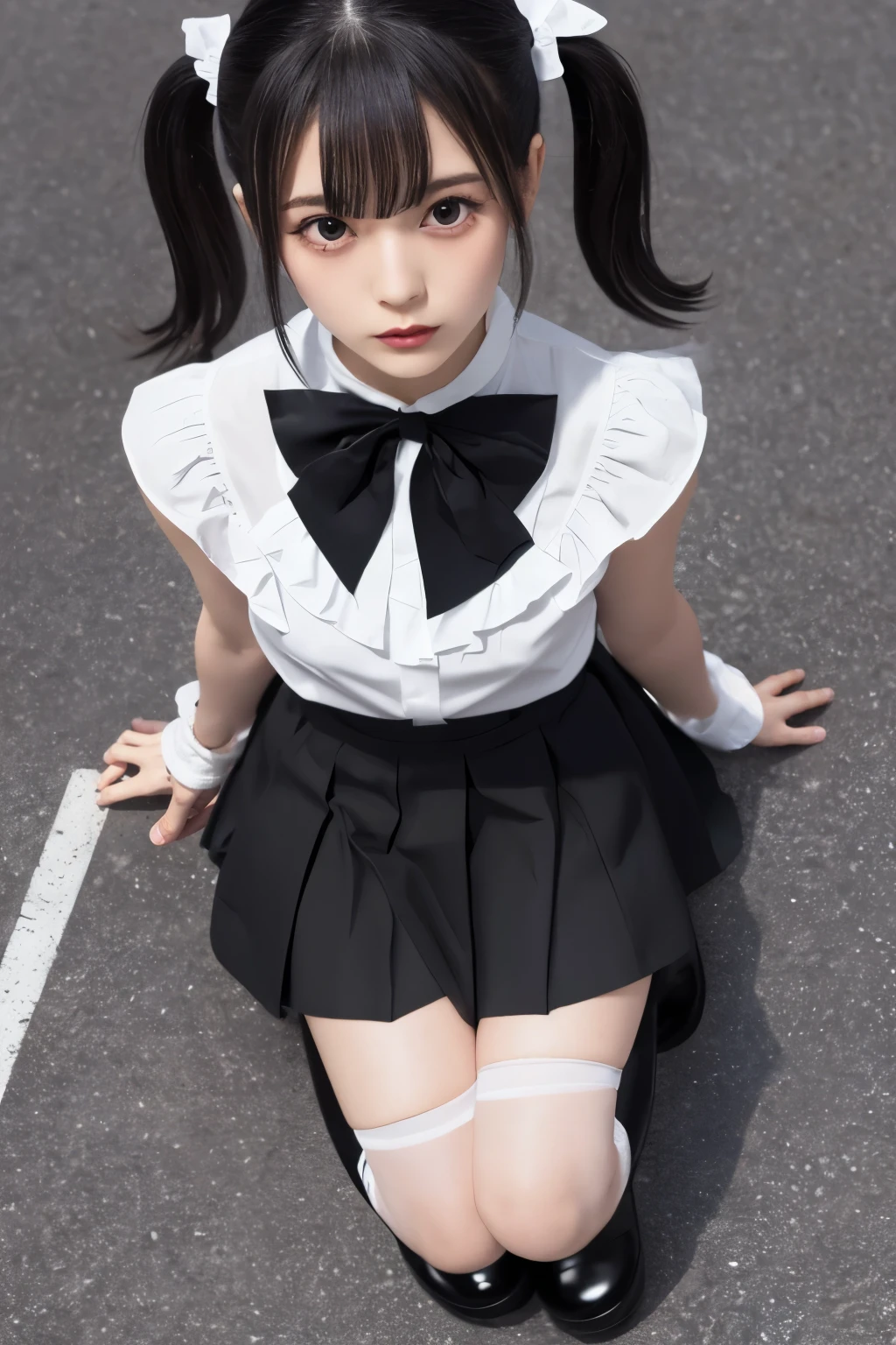((best quality)) (( detail face )) ((realistic))((uncensored )) ((perfect face)) A girl. Black short hair. Cat ears. cosplay. white skirt. Cat tail. cat cosplay. Cute pose 