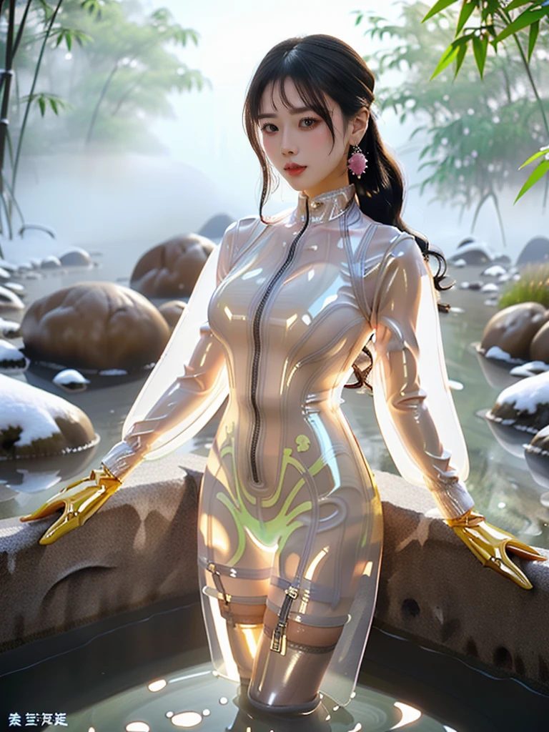 ((A woman)), 美丽脸庞的Sexy中国华裔女明星, Wearing white strappy underwear, Wearing a pink transparent latex dress, (((Light theme, Exposing the subject, Sexy主题)))
((Transparent latex clothing: 1.5), (Revealing clothes: 1.5),  (Wet clothes:1.0), (Color of clothes: Pink), ((Wearing a transparent latex costume)))
(((night, Private hot spring, Surrounded by fog, Dense bamboo forest, Standing in the water, Snow Scene))),
((desktop:1.0), (Highest quality:1.0), (high resolution:1.2), (Reality:1.0))
((8K Ultra HD, 8K, 超high resolution, Best quality, Super Fine, Clear focus. Masterpieces, complete pattern, Ultra HD, Detailed photos, Best image quality，Ultra-clear，Delicate facial features，Well-defined, Highly rated works, Close-up depth of field photography, Above the knee, Symmetrical character)), 
((Creating the image of a real girl), Realistic shadows, Soft lighting, Dynamic Angle, Dynamic poses, Elegant Posture, Cowboy lens, Full body front view, Be confident, Facing the camera, Eyes looking towards camera lens, Standing posture, Open your legs slightly, Golden Ratio Graphics, Minimalism, Center the character), 
( Smile, Sexy的, Balanced Eyes, Realistic eyes, Beautiful details of the eyes,Pretty Face, (Realistic face), Normal facial features, Realistic skin, Pay attention to skin details, Skin is clean and radiant, Whitening, Anatomically correct body, Golden ratio figure, Sexy的身材), 
(Perfect makeup, Gloves, earrings</input></xml>, bracelet, necklace, Jewelry, Hair accessories, shawl, sock, Knee socks, 吊garter, Leg ring, garter, 腿部garter), 
((beautiful hair), Dark black hair, Wavy curly hairstyle, Waist-length hair, Messy Hairstyle, Gradient hairstyles, Cyberpunk Hairstyle, High double ponytail hairstyle), 
(Sexy的, Perfect breast shape, Teardrop chest shape, Snow-white breasts, Very detailed breasts, 34C cup), 
(Super high waist, Deep V, Low-cut, Sexy, Flattering, Open crotch, (Clear camel toe, (High fork strangulation))),
(((Clear outline, Clear underwear, 透明Sexy的穿着)))