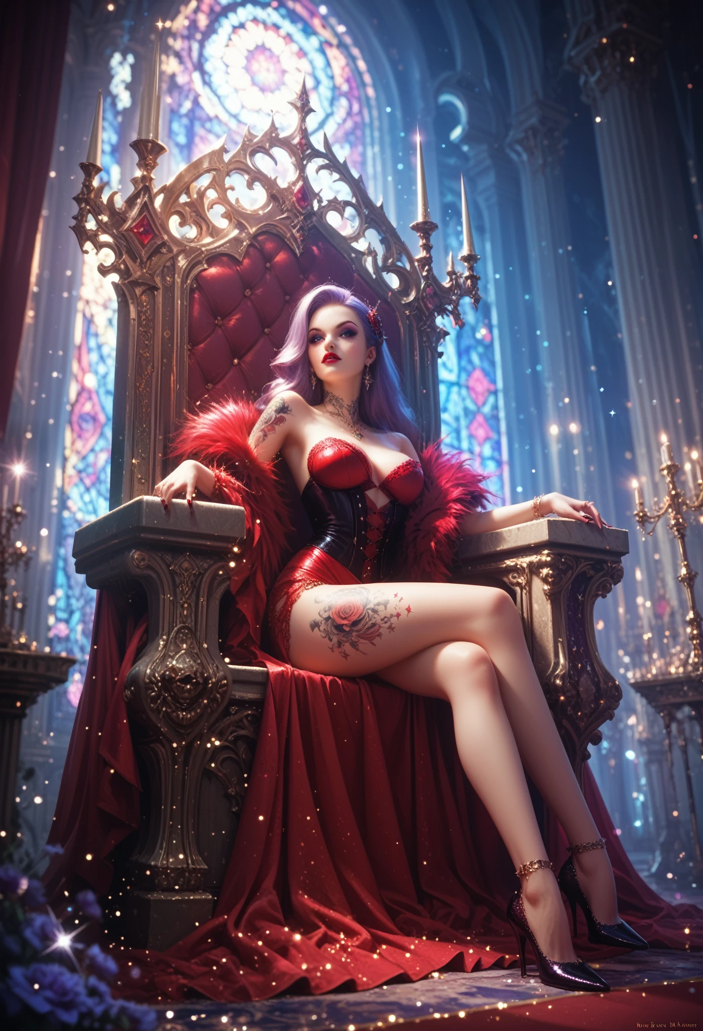 Sexy Vampire Girl, with tattoos, sits on the throne, flirts, Hall Full of Decorations, Shine, sparkles, Game of Shadows, maximum detail, masterpiece, highest quality,