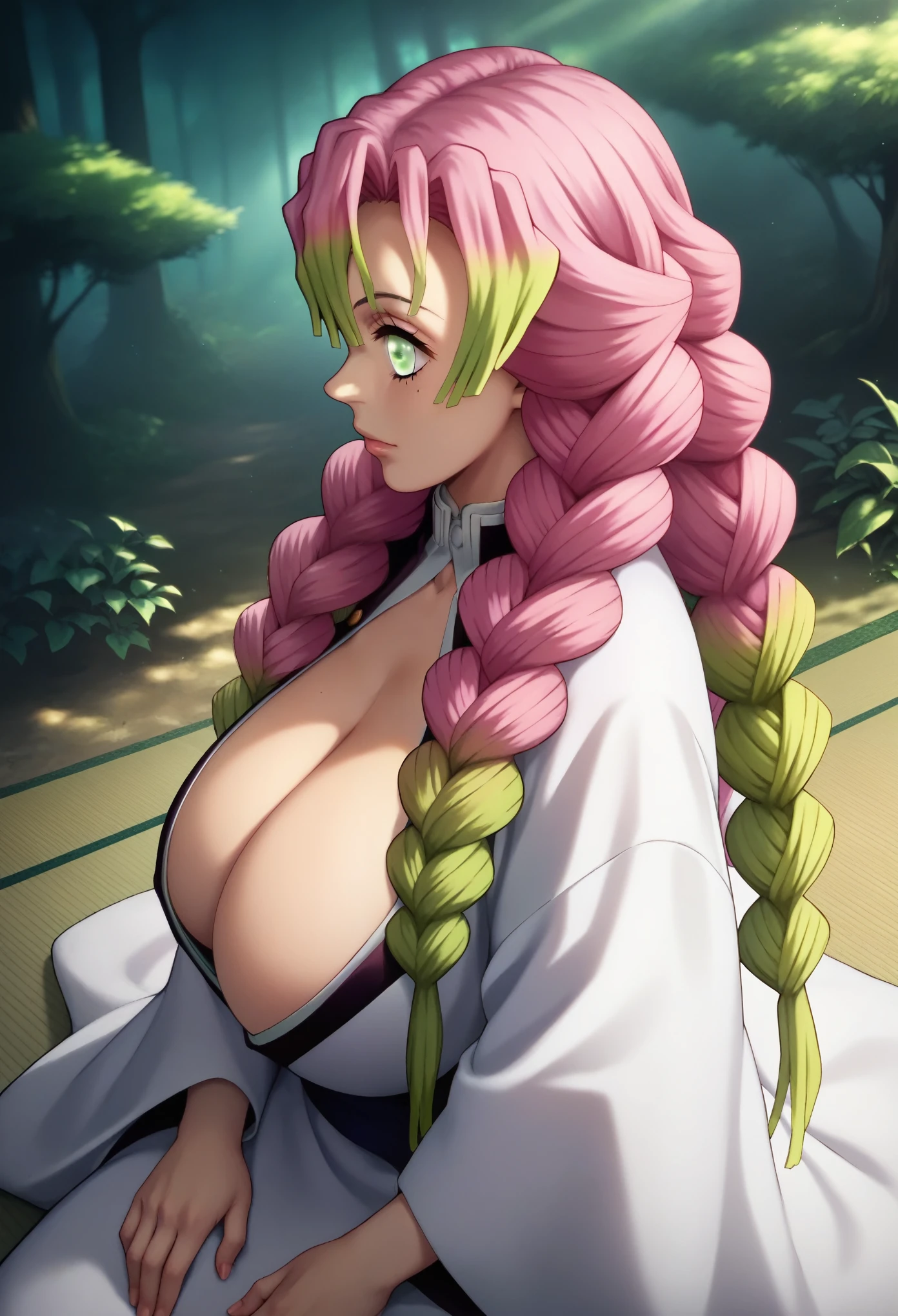 Style 9，1 woman, eyes close, sitting in forest, Mitsuri from Demon Slayer, multiple colour hair, pink hair, green hair, long twin tails, green eyes, detailed eyes, kimono, big breasts, mature body, culvage,  illustration，beautiful background，whole body，high angle shot, Beautiful photography pose，profile，front view, view at viewer, high detailed wallpaper, high quality, masterpiece