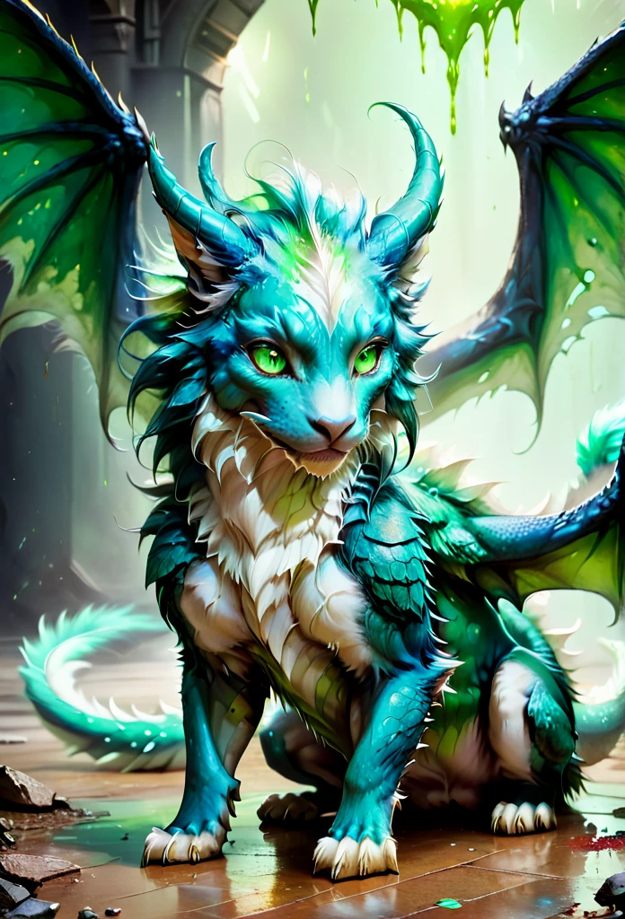 darra, female, full body,feral, furred dragon, female, white and blue fur with green blood stains on the fur, wings, horns, tail, chest fluff, paws, fangs, ton back, faded blue eyes, a quadruped creature, detailed fur, intricate textures, detailed background, space, battlefield, (((green blood stains on the fur))), (((pieces of meat around on floor))),  (((bones  around on floor))),(((puddles of green blood on floor))), dramatic lighting, muted color palette, cinematic composition, ultra-detailed, 8k, photorealistic, masterpiece