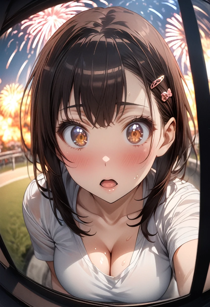 One Girl、(white shirt)、One Curl Bob Cut, Highest quality、Black Hair、Sweaty body、Big Breasts、Surprised、hairpin、View from below、expose one's cleavage、(Show your forehead)、(Fisheye lens effect:1.3)、(Girls pop out of the screen:1.5)、(fireworks display)、(meteor shower)、(pass through the screen:1.3)、sea、forward inclination