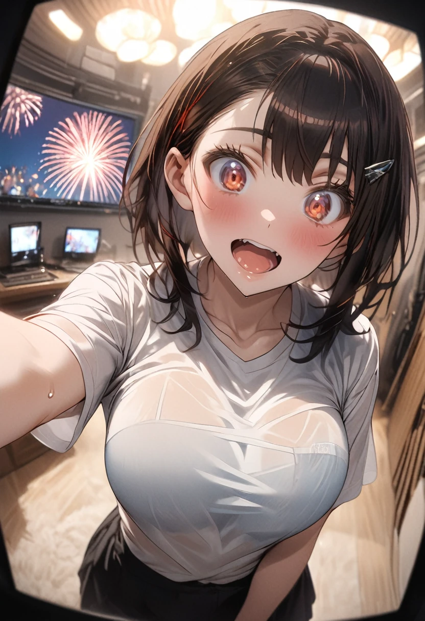 One Girl、(white shirt)、One Curl Bob Cut, Highest quality、Black Hair、Sweaty body、Big Breasts、Surprised、hairpin、View from below、expose one's cleavage、(Show your forehead)、(Fisheye lens effect:1.3)、(Girls pop out of the screen:1.5)、(fireworks display)、(meteor shower)、(pass through the screen:1.3)、sea、forward inclination