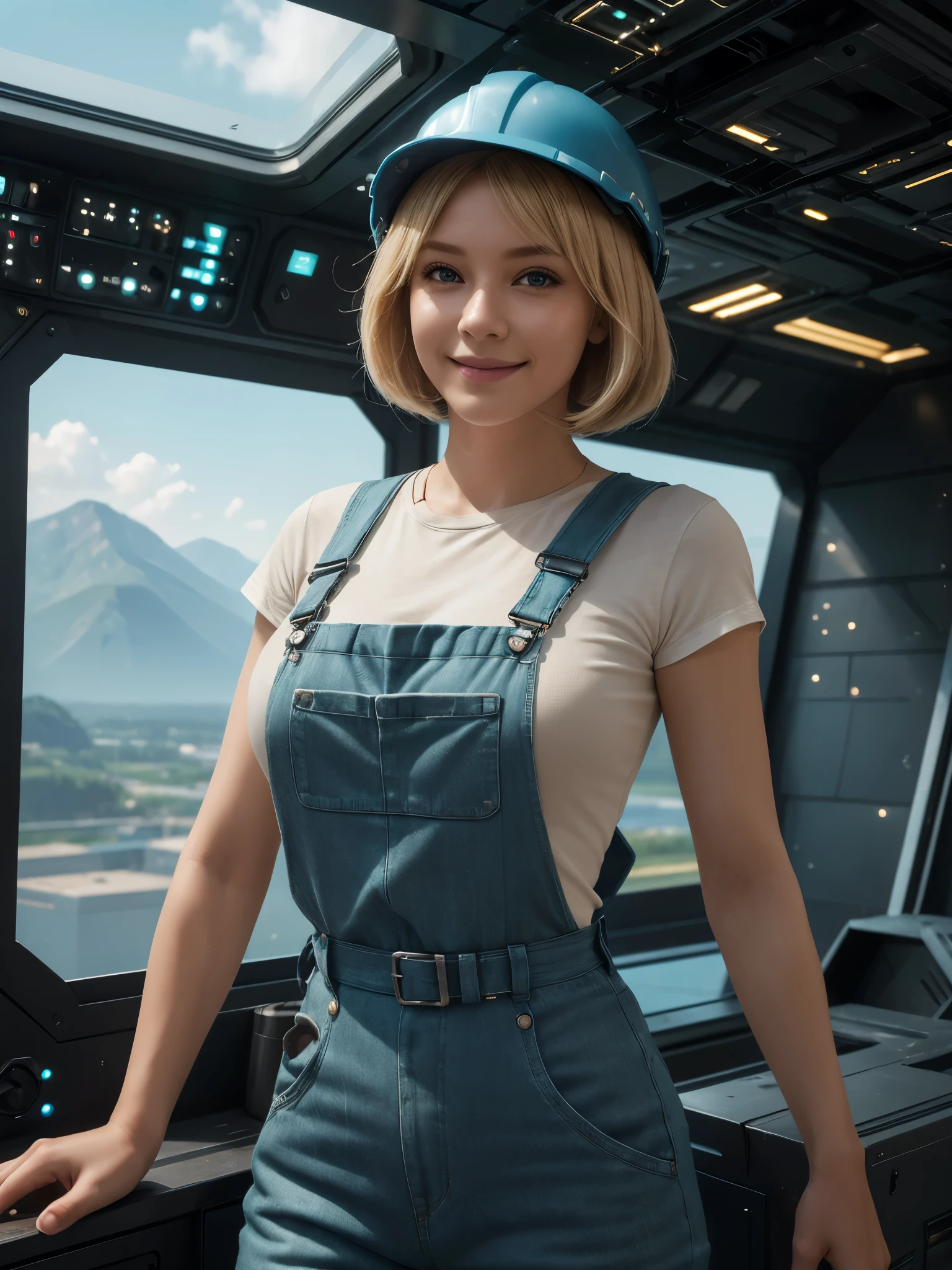 (ultra-detailed, photorealistic, best quality, 4k, 8k, highres, masterpiece:1.3), a stunning and formidable 40 year old woman with a perfect athletic body, Blonde bob cut hair style, teal and grey shirt, blue bib and brace overalls, that are very dirty, she is wearing a tool belt, and a hard hat, she has a gentle smile,, she is a hardworking girl of the future, futuristic machinery and technical equipment, space ship interior in the back ground