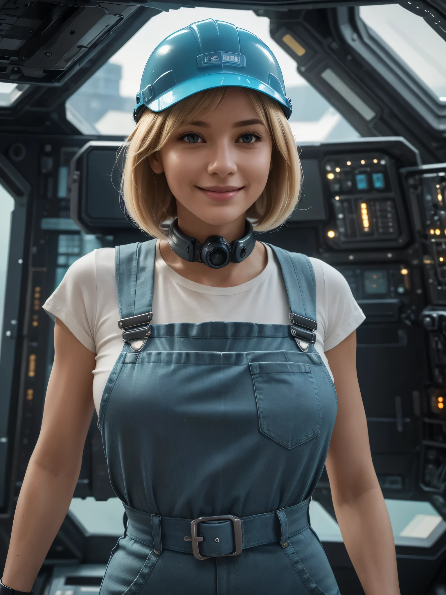 (ultra-detailed, photorealistic, best quality, 4k, 8k, highres, masterpiece:1.3), a stunning and formidable 40 year old woman with a perfect athletic body, Blonde bob cut hair style, teal and grey shirt, blue bib and brace overalls, that are very dirty, she is wearing a tool belt, and a hard hat, she has a gentle smile,, she is a hardworking girl of the future, futuristic machinery and technical equipment, space ship interior in the back ground