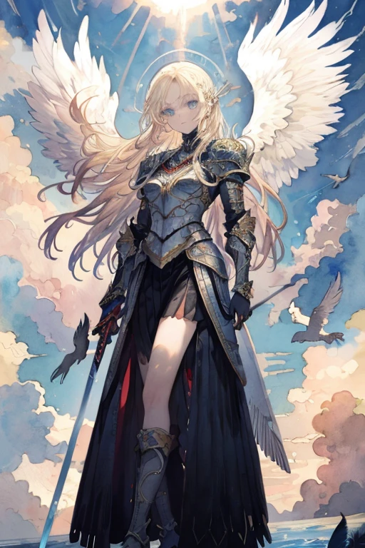 ((Best Quality)), ((masterpiece)), (detailed),Watercolor,Angel with Bird of Prey Wings,Silver Armor,Sacred,Helmet with feathers,(Blonde long hair),blue eyes,Beautiful Face,Slim and toned body.,Brave,Long Greaves,Sheer long skirt,Has a long sword,Above the clouds,blue sky,Floating,
