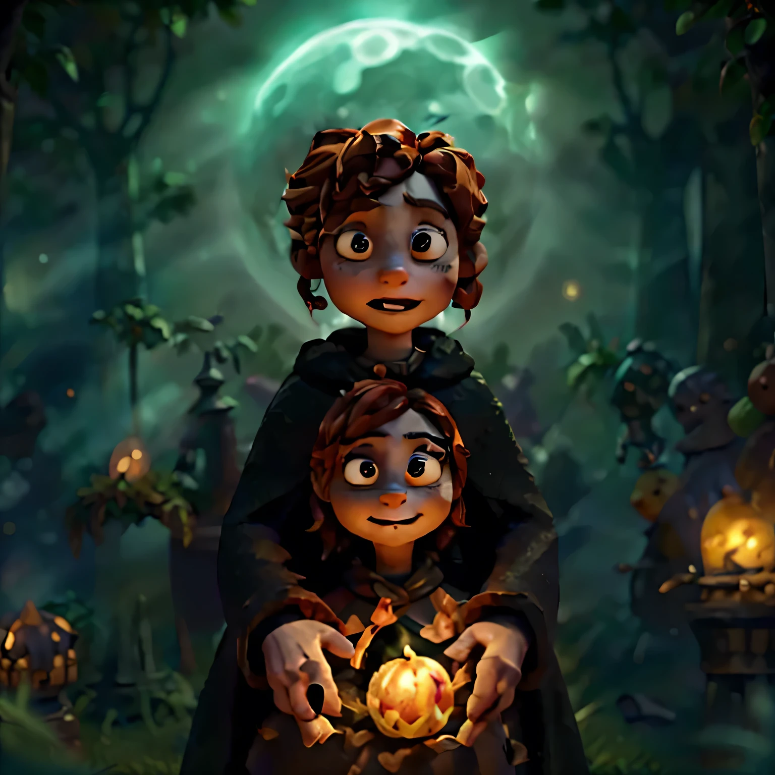 claymation animation of A female figure with a carved, glowing pumpkin for a head, wearing a tattered, dark witch's cloak. She stands in a shadowy forest, surrounded by twisted trees, with the full moon casting an eerie glow. Her hands hold a flickering lantern, and tiny ghostly wisps of light float around her.  claymation