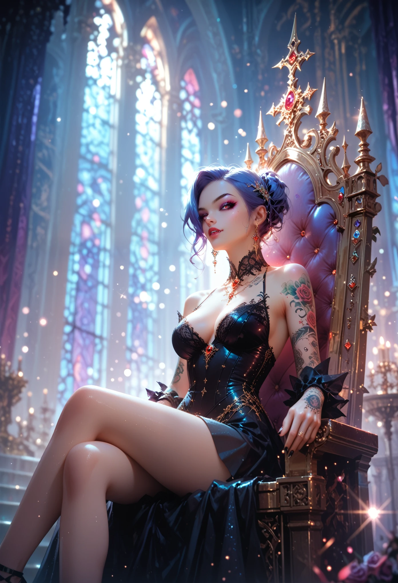 Sexy Vampire Girl, with tattoos, sits on the throne, flirts, Hall Full of Decorations, Shine, sparkles, Game of Shadows, maximum detail, masterpiece, highest quality, ideal anatomy,