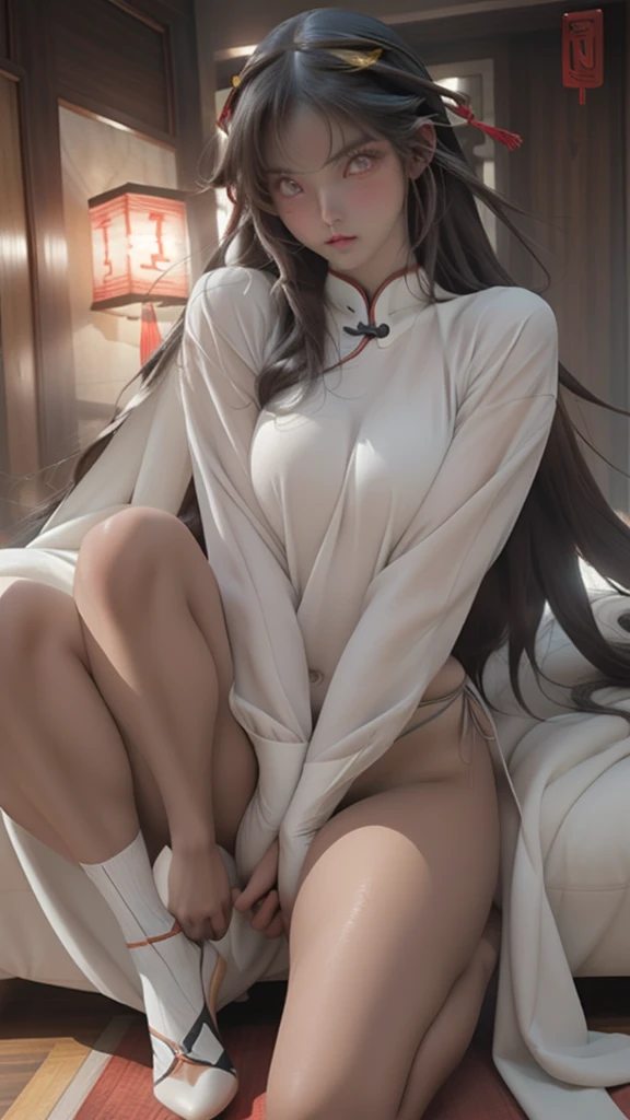 Cover comic magazine:1.6)  Highest quality,1 girl,Big Breasts,blush, Sweat,,Long Hair,hair band, 、Embarrassed face、Full body sweat,dark skin, long white hair, gold eyes, ((detailed eyes:1.2)), large breasts, , sexy, sensual,  Chinese woman, spread leg, show panties