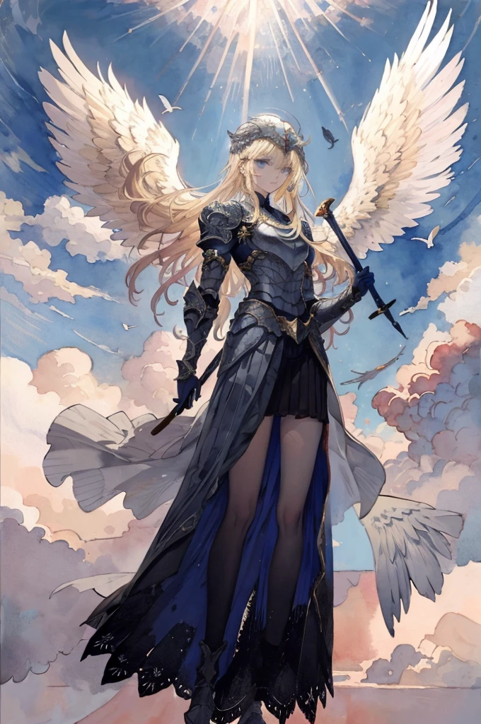 ((Best Quality)), ((masterpiece)), (detailed),Watercolor,Angel with Bird of Prey Wings,Silver Armor,Sacred,Helmet with feathers,(Blonde long hair),blue eyes,Beautiful Face,Slim and toned body.,Brave,Long Greaves,Sheer long skirt,Holding a long sword and sheath,Above the clouds,blue sky,Floating,Long Shot
