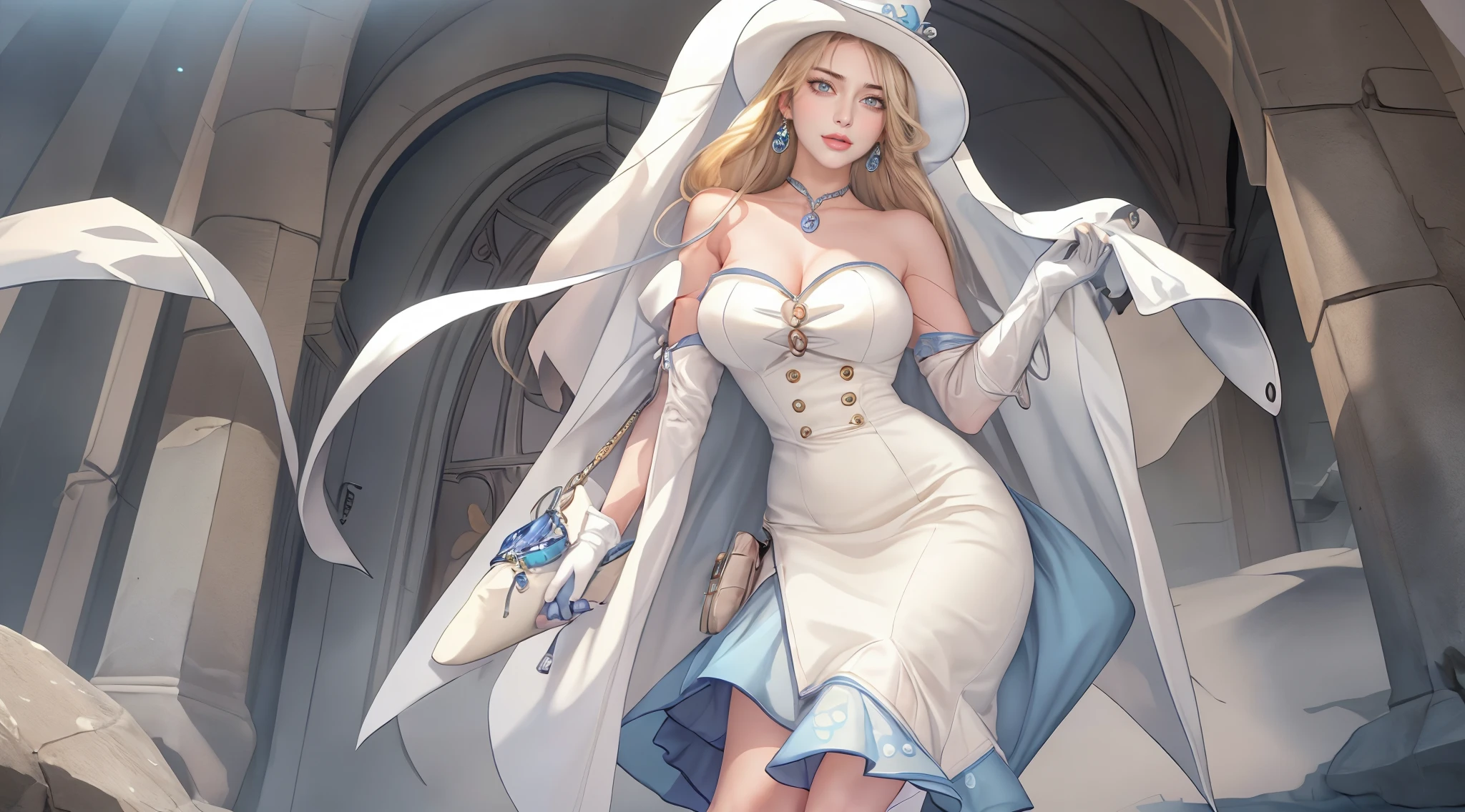 masterpiece, best quality, beautiful woman, full body, detailed hairstyle, ompletly sweated, hoop earrings, golf bangle, choker, mature female, indoors, <lora:mha_utsushimi:1> utsushimi camie, peaked cap, large breasts, cleavage, open clothes, blonde hair, <lora:wedding:1> wedding dress, breasts, jewelry, hair ornament, cleavage, large breasts, flower, bride, hair flower, rose, bouquet, necklace
