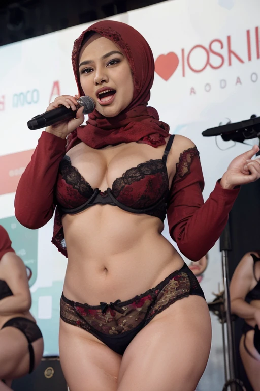 Muslim woman, wearing a red hijab, on stage, holding a mic, singing, wearing a lace bra and lace panties, really enjoying singing, open mouth, sexy body, sluty body, very seductive, on stage, dancing,