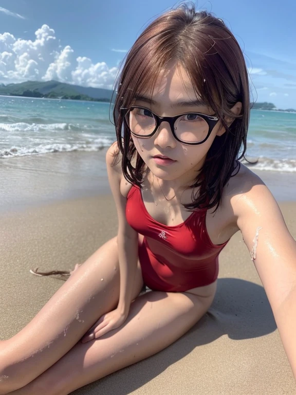 1 Girl, Cute, Immature, Thin, , Japanese Girl 1.  (3N1DS1NCL41R:0.9) Realistic, Seriously Detailed {Best Quality} {{Excellent Work}} Smooth, Small, Childish Face, Angry Face, Glasses, Sea, Wet Swimsuit, Selfie, On The Beach, Red Hair, Sitting On The Beach,