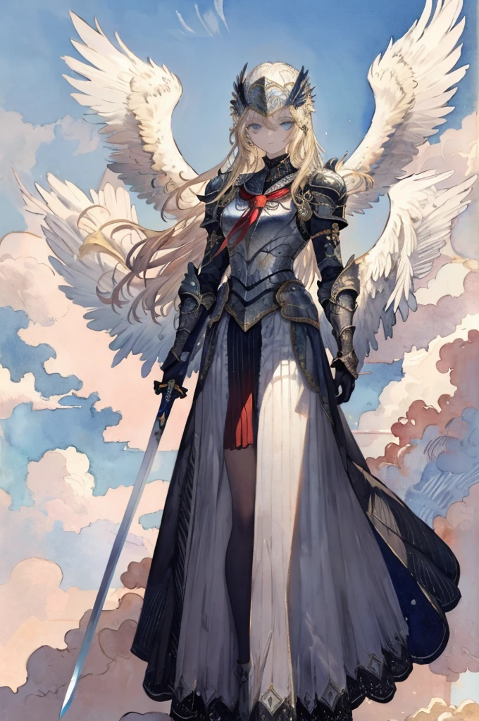 ((Best Quality)), ((masterpiece)), (detailed),Watercolor,Angel with big bird of prey wings,Silver Armor,Sacred,Helmet with feathers,(Blonde long hair),blue eyes,Beautiful Face,Slim and toned body.,Brave,Long Greaves,Sheer long skirt,Holding a long sword and sheath,Above the clouds,blue sky,Coming down from the sky,Long Shot
