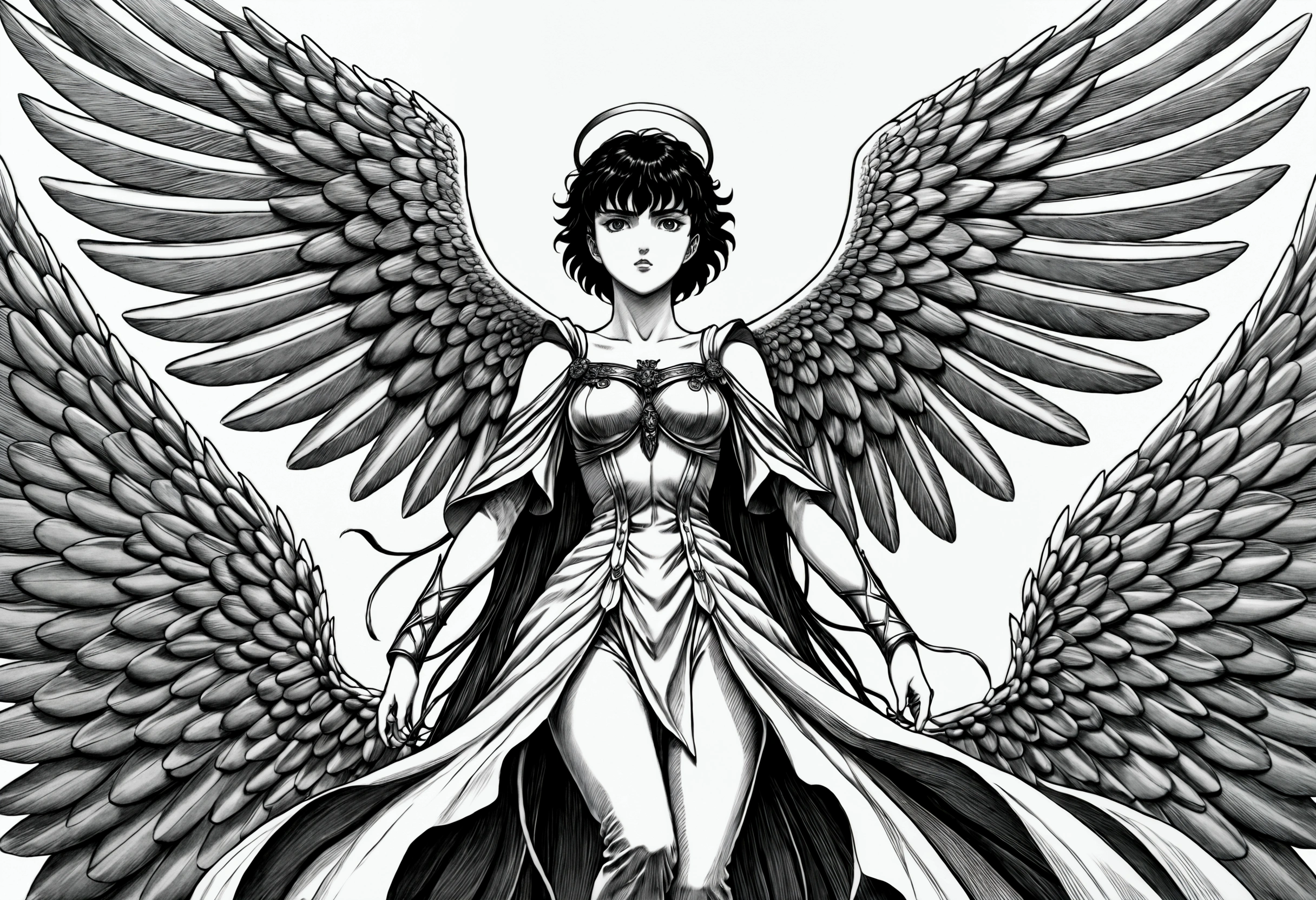 score_9, score_8_up, score_7_up, score_6_up, by Kentaro Miura, inspired by Berserk, Manga art, black and white, manga art, best quality, masterpiece, detailed, aesthetic, best quality, masterpiece, detailed, aesthetic, ((best quality)), (masterpiece), A woman with angel wings, high angle, directional speed lines, dynamic pose, monochrome, manga, anime, high resolution, 4k, detailed, intricate, detailed, Monochrome, Cross-hatching, Gradient shading, no background,
