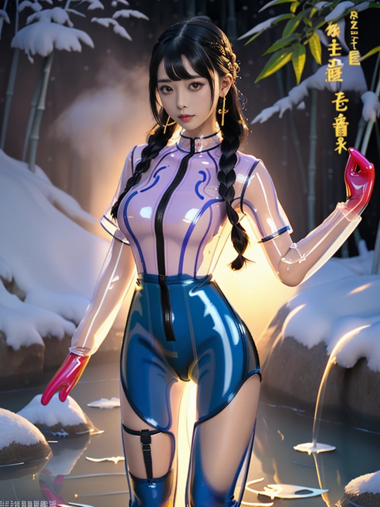 ((A woman)), 美丽脸庞的Sexy中国华裔女明星, Wearing white strappy underwear, Wearing a pink transparent latex short dress, (((Light theme, Exposing the subject, Sexy主题)))
((Transparent latex clothing: 1.7), (Revealing clothes: 1.5),  (Wet clothes:0.0), (Color of clothes: Pink), ((Wearing a transparent latex costume)))
(((night, Private hot spring, Surrounded by fog, Dense bamboo forest, Standing in the water, Snow Scene))),
((desktop:1.0), (Highest quality:1.0), (high resolution:1.2), (Reality:1.0))
((8K Ultra HD, 8K, 超high resolution, Best quality, Super Fine, Clear focus. Masterpieces, complete pattern, Ultra HD, Detailed photos, Best image quality，Ultra-clear，Delicate facial features，Well-defined, Highly rated works, Close-up depth of field photography, Above the knee, Symmetrical character)), 
((Creating the image of a real girl), Realistic shadows, Soft lighting, Dynamic Angle, Dynamic poses, Elegant Posture, Cowboy lens, Full body front view, Be confident, Facing the camera, Eyes looking towards camera lens, Standing posture, Open your legs slightly, Golden Ratio Graphics, Minimalism, Center the character), 
( Smile, Sexy的, Balanced Eyes, Realistic eyes, Beautiful details of the eyes,Pretty Face, (Realistic face), Normal facial features, Realistic skin, Pay attention to skin details, Skin is clean and radiant, Whitening, Anatomically correct body, Golden ratio figure, Sexy的身材), 
(Perfect makeup, Gloves, earrings</input></xml>, bracelet, necklace, Jewelry, Hair accessories, shawl, sock, Knee socks, 吊garter, Leg ring, garter, 腿部garter), 
((beautiful hair), Dark black hair, Wavy curly hairstyle, Waist-length hair, Messy Hairstyle, Gradient hairstyles, Cyberpunk Hairstyle, High double ponytail hairstyle), 
(Sexy的, Perfect breast shape, Teardrop chest shape, Snow-white breasts, Very detailed breasts, 34C cup), 
(Super high waist, Deep V, Low-cut, Sexy, Flattering, Open crotch, (Clear camel toe, (High fork strangulation))),
(((Clear outline, Clear underwear, 透明Sexy的穿着)))