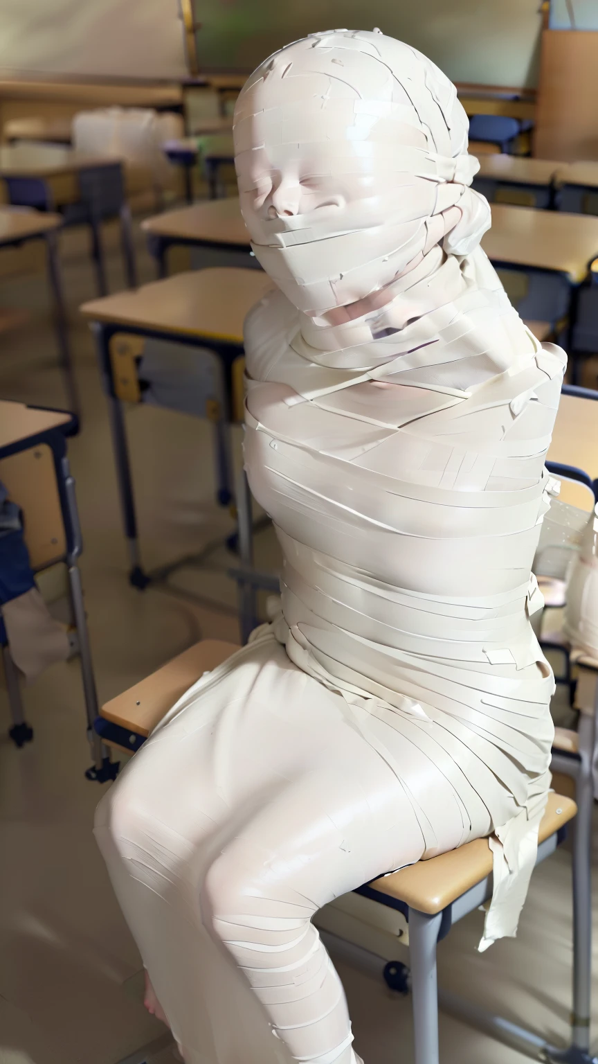 mummification, (1 girl) (classroom:1.4), (Sit on a chair:1.4), (Wrap the faces around with white cloth:1.4), (blindfold around with white cloth:1.4), (From head to toe, wrap them in white cloth to make a mummification:1.4), (Highly detailed CG Unity 8k), (highest quality), (Very detailed), (Ultra-high resolution), (Hands tied behind back), (frontal face:1.4), (full body composition:1.4),