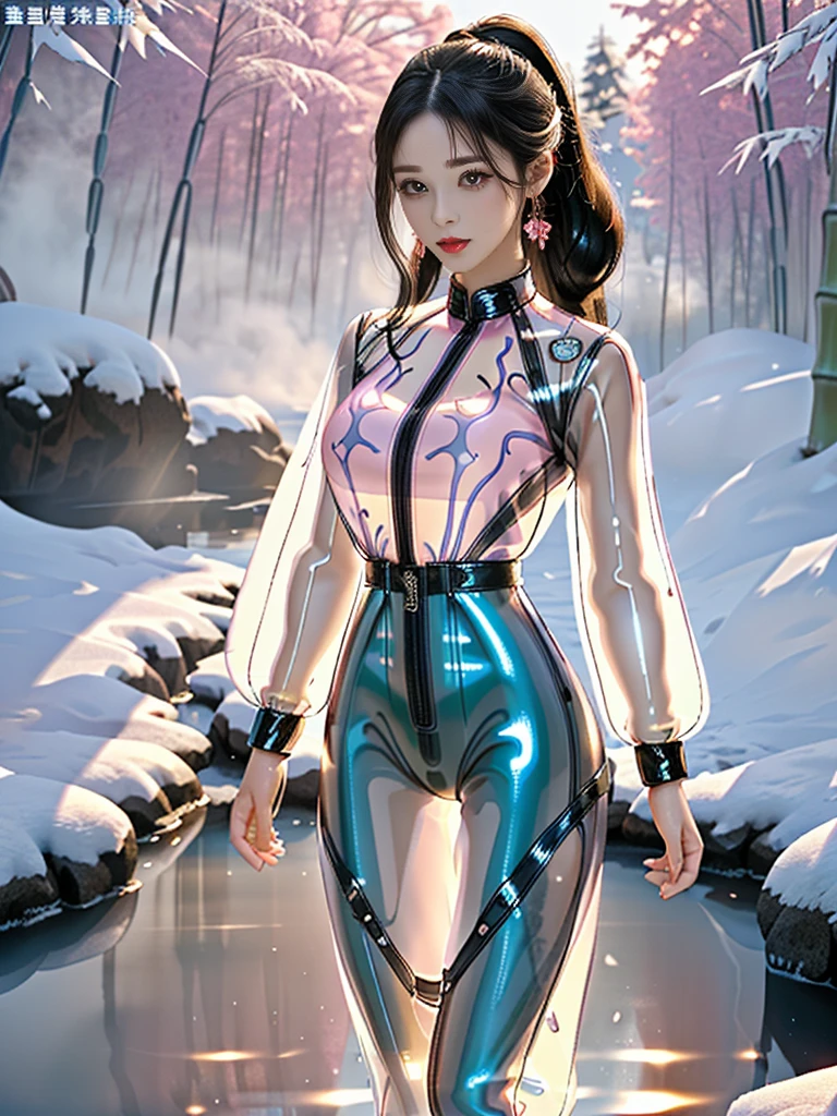 ((A woman)), 美丽脸庞的Sexy中国华裔女明星, Wearing a pink transparent latex short dress, (((Light theme, Exposing the subject, Sexy主题)))
((Transparent latex clothing: 1.7), (Revealing clothes: 1.5),  (Wet clothes:0.0), (Color of clothes: Pink), ((Wearing a transparent latex costume)))
(((night, Private hot spring, Surrounded by fog, Dense bamboo forest, Standing in the water, Snow Scene))),
((desktop:1.0), (Highest quality:1.0), (high resolution:1.2), (Reality:1.0))
((8K Ultra HD, 8K, 超high resolution, Best quality, Super Fine, Clear focus. Masterpieces, complete pattern, Ultra HD, Detailed photos, Best image quality，Ultra-clear，Delicate facial features，Well-defined, Highly rated works, Close-up depth of field photography, Above the knee, Symmetrical character)), 
((Creating the image of a real girl), Realistic shadows, Soft lighting, Dynamic Angle, Dynamic poses, Elegant Posture, Cowboy lens, Full body front view, Be confident, Facing the camera, Eyes looking towards camera lens, Standing posture, Open your legs slightly, Golden Ratio Graphics, Minimalism, Center the character), 
( Smile, Sexy的, Balanced Eyes, Realistic eyes, Beautiful details of the eyes,Pretty Face, (Realistic face), Normal facial features, Realistic skin, Pay attention to skin details, Skin is clean and radiant, Whitening, Anatomically correct body, Golden ratio figure, Sexy的身材), 
(Perfect makeup, Gloves, earrings</input></xml>, bracelet, necklace, Jewelry, Hair accessories, shawl, sock, Knee socks, 吊garter, Leg ring, garter, 腿部garter), 
((beautiful hair), Dark black hair, Wavy curly hairstyle, Waist-length hair, Messy Hairstyle, Gradient hairstyles, Cyberpunk Hairstyle, High double ponytail hairstyle), 
(Sexy的, Perfect breast shape, Teardrop chest shape, Snow-white breasts, Very detailed breasts, 34C cup), 
(Super high waist, Deep V, Low-cut, Sexy, Flattering, Open crotch, (Clear camel toe, (High fork strangulation))),
(((Clear outline, Clear underwear, 透明Sexy的穿着)))