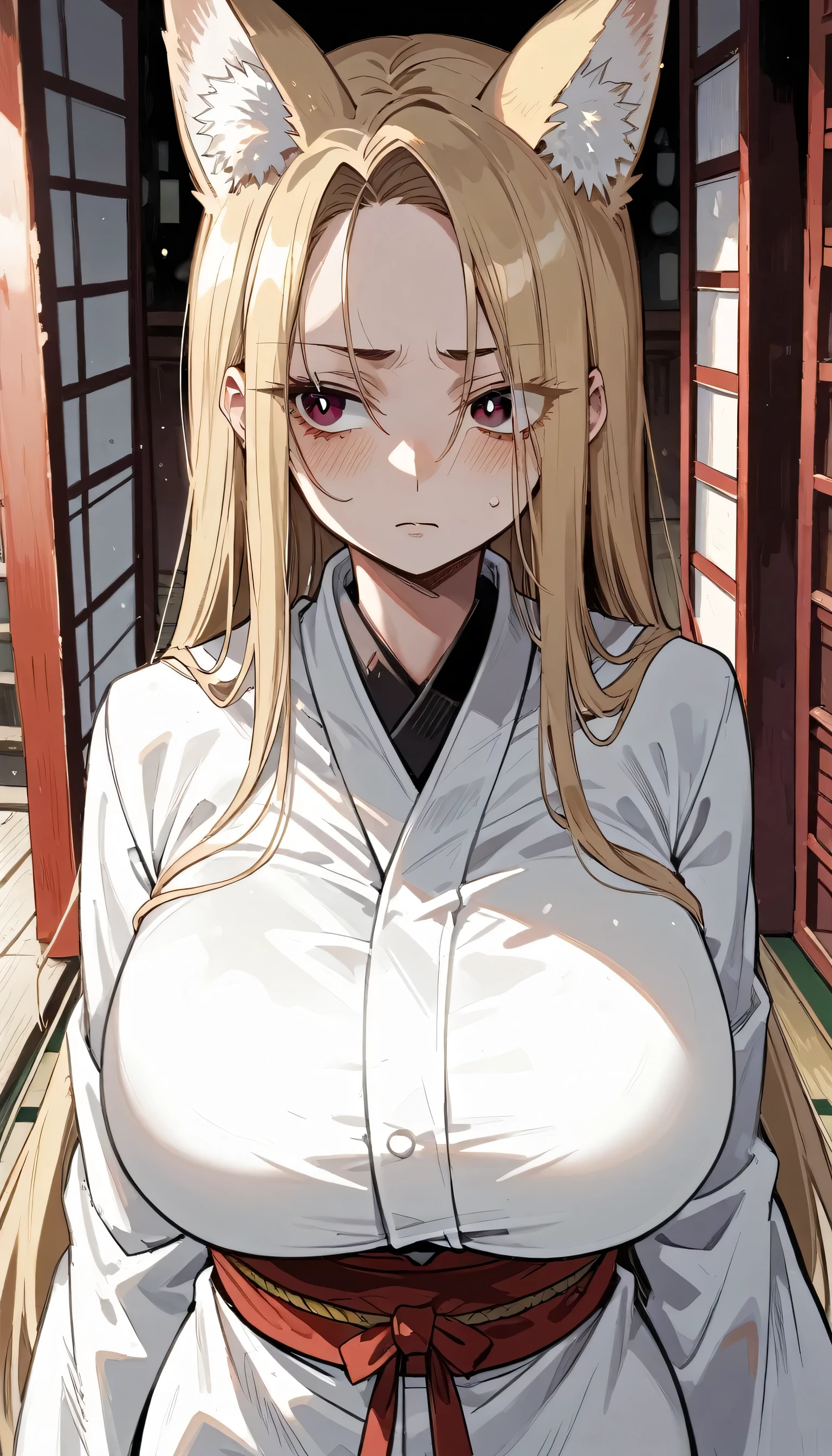 ((looking away,turn face away,look down)),blush.Cold Stare,(hi-quality,high resolution),((Fox Ears)),(((forehead,asymmetrical hair))),(((very turime,very long slit eyes))),(shrine maiden),((oblong face,squared face)),((huge breasts)),(((very narrow eyes))),((Clear Eyes,Perfect Eyes,brown eyes)),((clear lines)),Blonde,Long Hair,Old room,Delinquent Girl,gal, clothes are exposed,((anime)),((cowboy shot)),from above