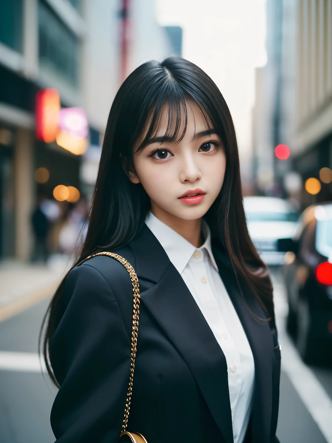 (Best-quality, Masterpiece, Ultra-High-Resolution, (Photorealistic:1.4), Raw Photo, depth of field, professional lighting, perfect anatomy, extremely details), 1girl, 15-years-old, the most famous Japanese idol, ((extremely cute face like the most popular Japanese idol, ((extremely cute and extremely big eyes)), extremely beautiful hair, extremely beautiful skins), extremely cute long-eyelashes, extremely cute lips), 
(standing on Japanese night-street), 
((wearing black-formal-business-suit)), 
((took copious amounts of sex-drugs, feeling unusually sexually-aroused and abnormal sexual-orgasm):1.2)