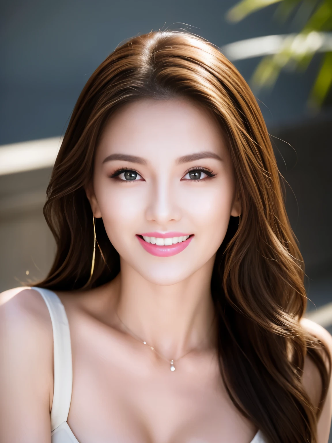 ((top-quality、masterpiece:1.3))、dramatic lighting、Pretty women、1girl in、Colossal tits:1.3、(Firm abs、slender figures:1.1)、greedy、dark brown hair、White clothes、hyperdetailed face、Detailed lips、A detailed eye、二重まぶた、kitchin、A smile