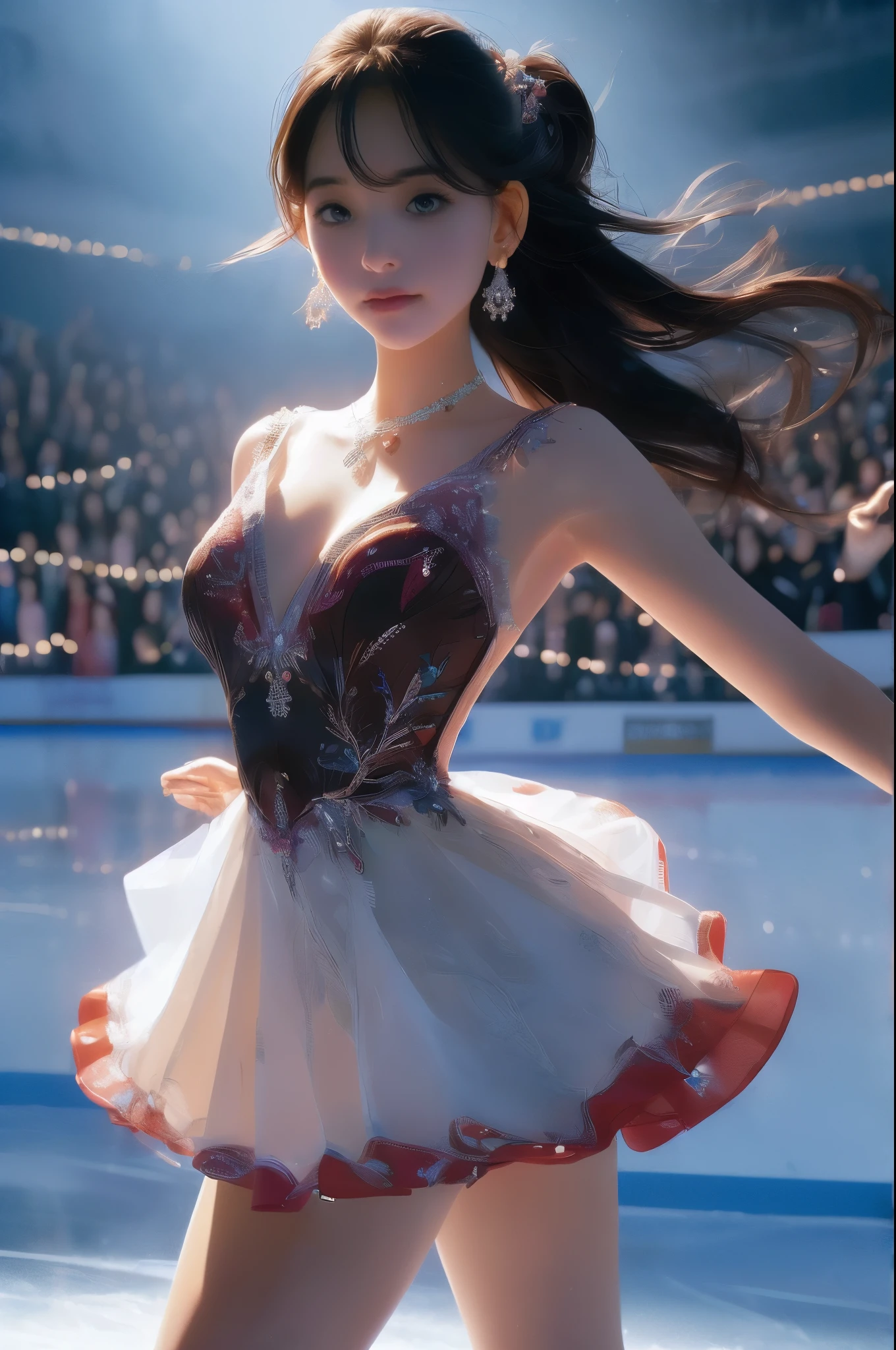 Ice Skater,
17th, 1girl,
Long black hair, bangs,
Wind-blown hair,
(Bunny ear girl)
Double eyelids,
(makeup:0.9),
(Perfect face. Delicate face),
(Jewelry, necklace, earrings),
(White skin),
(Adult body type),
Kirara Jump, Perfect body.
(Tall adult body type, Medium breasts, Slim waist),
(Beautiful thighs, Arm raise),
(Dynamic Low Angle, Beautiful spotlight).
 ((happy smiling facial expression:1.1)),
(medium firm breasts:1.1),
(Cleavage),
((mini dress tube skirt blooming:1.3)),
(Fluttering dress),
(Proud of her costume),
(Playing ice skating:1.2),
(ice skating shoes),
(background looks real, under the mountains on a frozen lake),
(looking at the audience,
Detailed face, Proudly, Pull your chin in, A girl wearing a shining and luxurious idol dress, playing ice skating, on a frozen lake),
(Overexposure),
(Beautiful fashion showing bare thighs and legs)
(Breast flash, Rough skin, Long hair),
((Beautiful brown eyes)),
(Delicate and beautiful eyes, Beautiful eyes with light、Shiny hair、Reflecting eyes、Embarrassing),
(Red face:1),
(8k wallpaper, Bold full photo、Light  reflected, Most detailed、Complex, Smooth background、Rough skin、Smooth skin), (Super resolution), Chirarizum、(whole body、美しいwhole body像、body type).