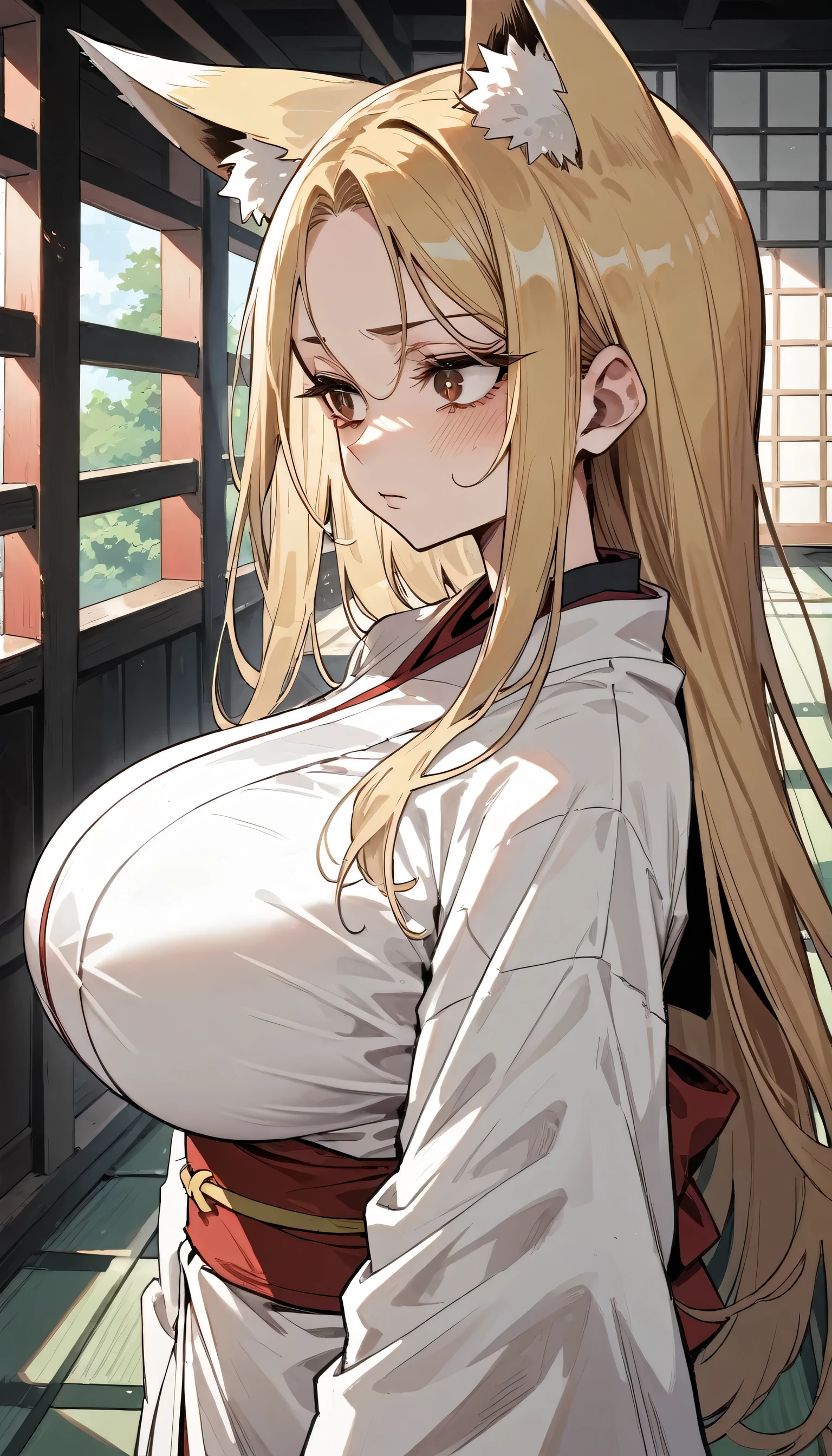 ((looking away,turn face away,look down)),blush.Cold Stare,(hi-quality,high resolution),((Fox Ears)),(((forehead,asymmetrical hair))),(((very turime,very long slit eyes))),(shrine maiden),((oblong face,squared face)),((huge breasts)),(((very narrow eyes))),((Clear Eyes,Perfect Eyes,brown eyes)),((clear lines)),Blonde,Long Hair,Old room,Delinquent Girl,gal, clothes are exposed,((anime)),((cowboy shot)),(from above,from side)