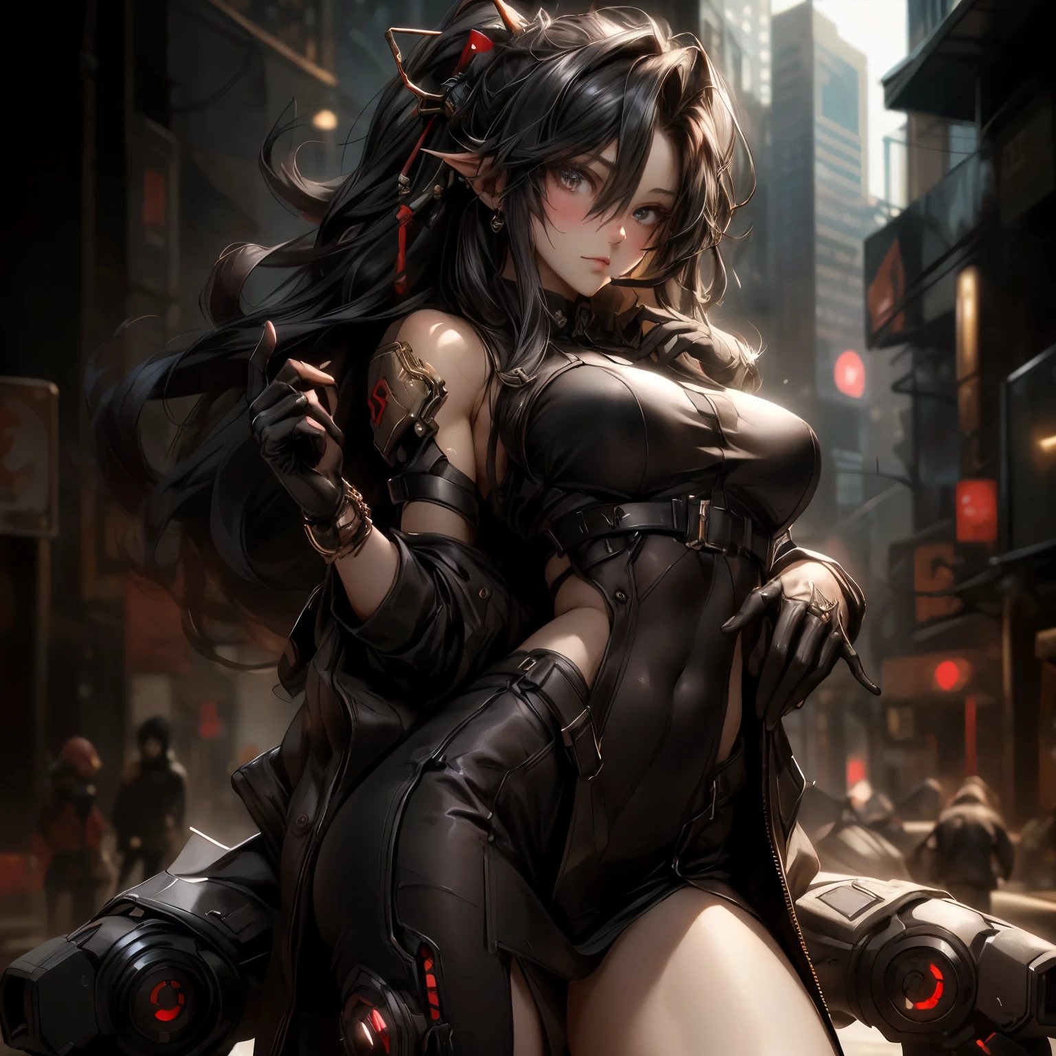 seductive lady with ample bosom and wearing no clothing, NAKED, showing ass, nsfw, devil horns, long black hair, blue eyes, showing off pussy, ASS, riding on a motorcycle, motorcycle