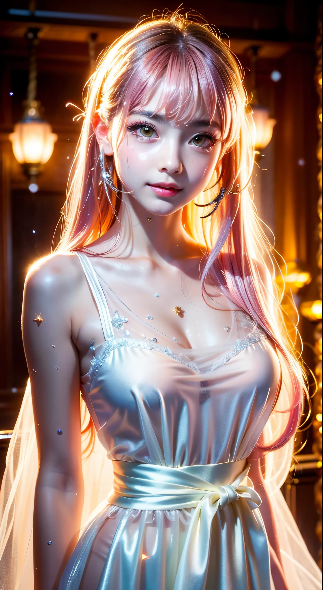 1girll,(Captivating quality:1.4),(True textured skins of the highest quality), Delicate face,Pink twin-tailed hair, Gradient Hair, (perfect bodies:1.1),Heart-shaped choker、long eyelasher,grin, hyperphotorealism, Cinematic lighting, projected inset, surrealism, hyper HD, masutepiece,Dream On,Please wear clear silk pajamas,Carmelto,Fantasy space,Luxurious space