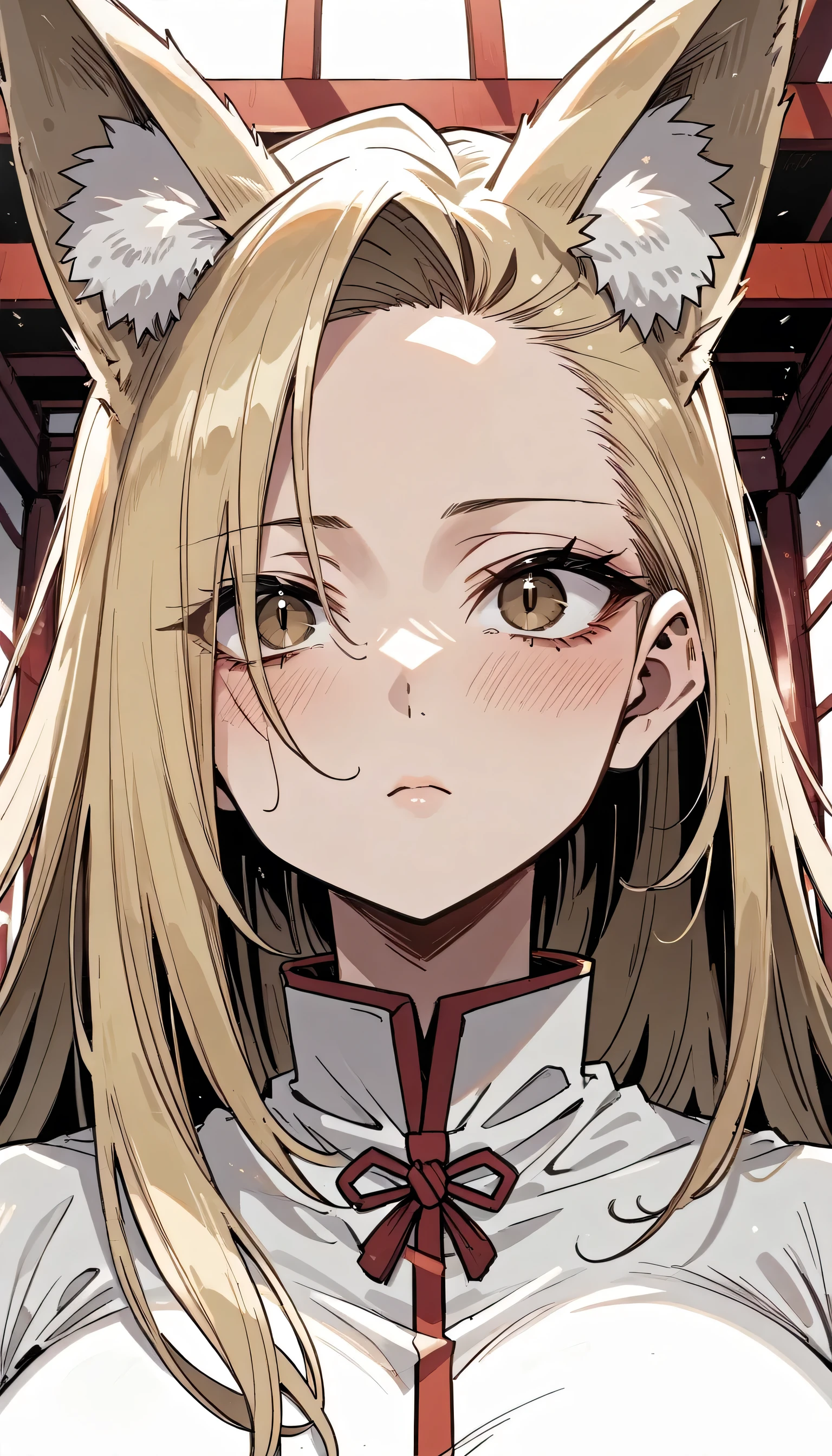 ((looking away,turn face away,upside-down face)),blush.Cold Stare,(hi-quality,high resolution),((Fox Ears)),(((forehead,asymmetrical hair))),(((very turime,very long slit eyes))),(shrine maiden),((oblong face,squared face)),((huge breasts)),(((very narrow eyes))),((Clear Eyes,Perfect Eyes,brown eyes)),((clear lines)),Blonde,Long Hair,Old room,Delinquent Girl,gal, clothes are exposed,((anime)),((cowboy shot)),from front