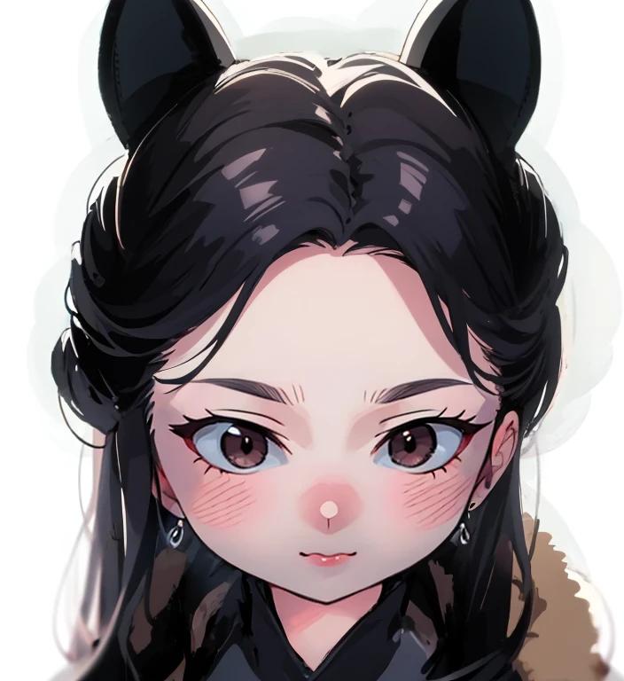 double buns hair style, cat ears, classic chinese hair, (masterpiece:1.2),(best quality:1.2), looking at viewer, curious face, gothic, (shiny skin:1.2), (depth of field:1.2), cinematic, cowboy shot, outdoors, night, town, dress, brown wavy hair, long hair, side bang, fringe, closed lip, chinese clothing