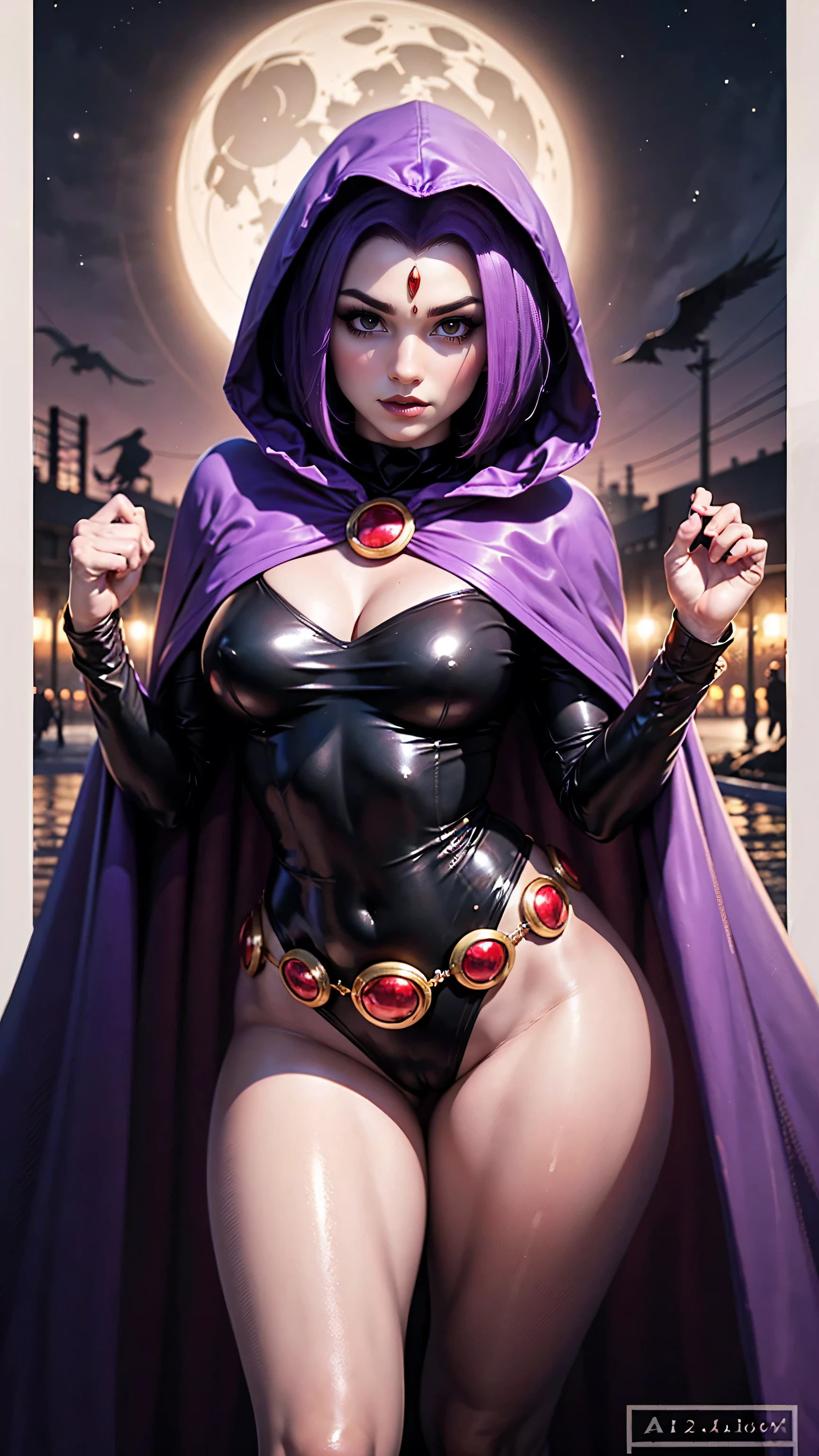 illustration of Raven from DC Comics, 1 girl, Raven, turtleneck, Black leotard, Black cape, hood, purple hair, forehead jeEmel, purple eyes, short hair, Belt, tight skin, standing, cleavage, toned, pose, night , moonlight, ((posing)), movement lines, torso, upper body, portrait, B&Em. contour, in anime tarot card art style, elegant, glamorous, reflection, shine, shading, pantyhose 40 dinier, small