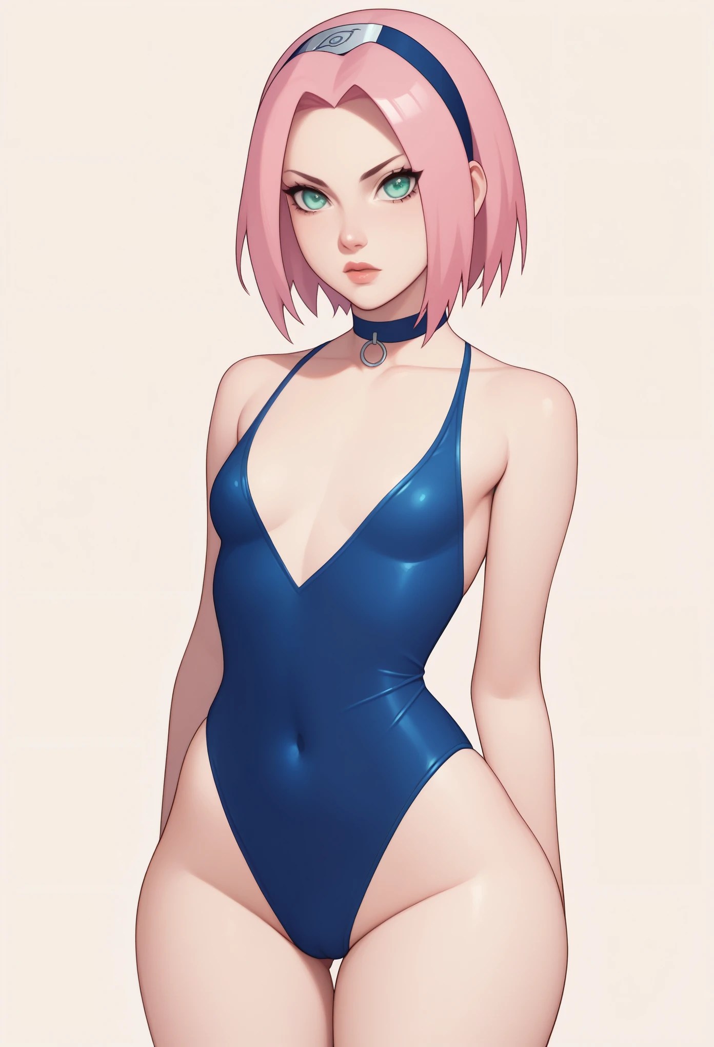 Haruno Sakura.short pale pink hair, large light green eyes, a large forehead, thin lips, small saggy breasts and very fair skin. huge hips. A disdainfully angry expression on his face. choker. one-piece swimsuit. beach. rear view. bottom view