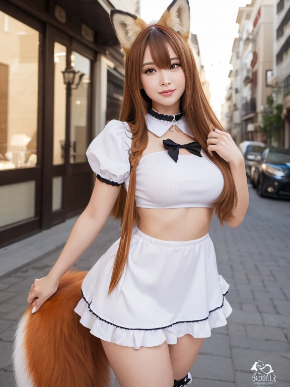((highest quality)), ((masterpiece)), (get used to it), perfect face, fox girl, Beautiful woman, public, A tail is growing, she has a fluffy tail, she has a fox tail, she wags her tail, smile, She wears a maid outfit, beautiful hips, big breasts , big tail