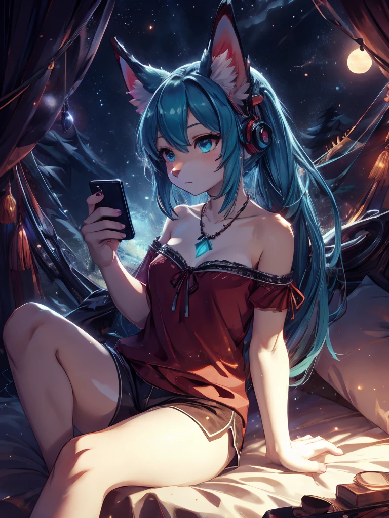 1 girl, Miku Hatsune, add high definition_Detail:1, blue fur,kitsune ears, tribal tattoo add_Detail:1, sitting on a bed in comfortable pajamas, strapless blouse, fitted mini shorts, checking the cell phone, night scene, Balcony at night in a tree house in the middle of a forest, magical starry night, visible stars and galaxies,