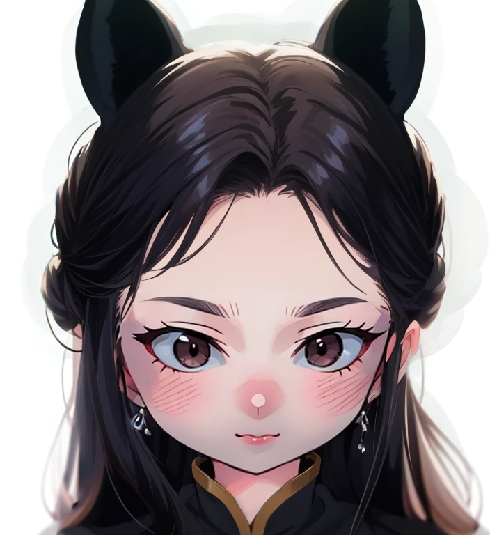 double buns hair style, cat ears, classic chinese hair, (masterpiece:1.2),(best quality:1.2), looking at viewer, curious face, gothic, (shiny skin:1.2), (depth of field:1.2), cinematic, cowboy shot, outdoors, night, town, dress, brown wavy hair, long hair, side bang, fringe, closed lip, chinese clothing