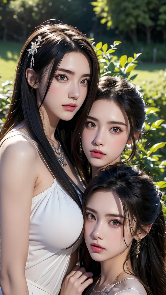 ( 3 girls),smile、Look into the camera、Diamond necklace,braided hair, ancient greek clothing,  Extra long twin tail hair、close range shooting、Flower Hair Ornaments、Blindfold、Garter、 Masterpiece, Highest quality, 8ก, beautiful girl, young face、 photography, Cute face, thigh, waterfall,、รอยsmile、small waist, blue eyes(((The chest is erect.:1.0)))(((round chest:1.0)))(((big breasts:1.5)))