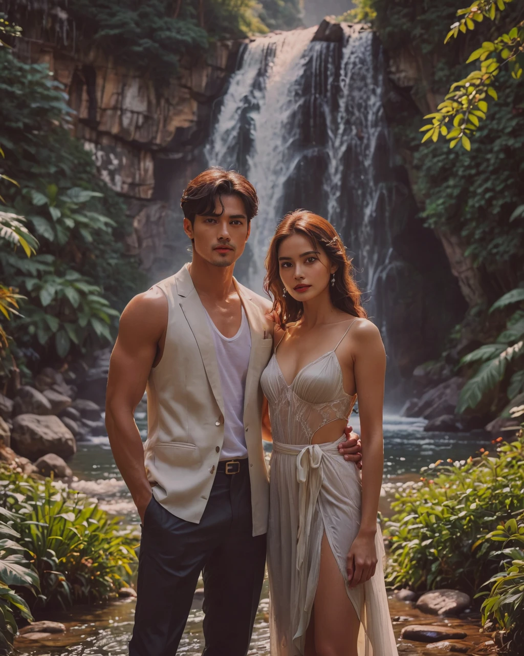 a beautiful woman with pale skin, short black pixie cut hair, piercing eyebrow, delicate and small lips, amber and small eyes, extremely fun smile, standing next to her dark-skinned long-curly-haired boyfriend, in a paradisiacal nature setting surrounded by cats, birds, sun, and blue sky, illuminated forest with waterfall in the background, parked kombi van near the couple, couple grunge style, (best quality,4k,8k,highres,masterpiece:1.2),ultra-detailed,(realistic,photorealistic,photo-realistic:1.37),portrait,fantasy,cinematic lighting,vibrant colors