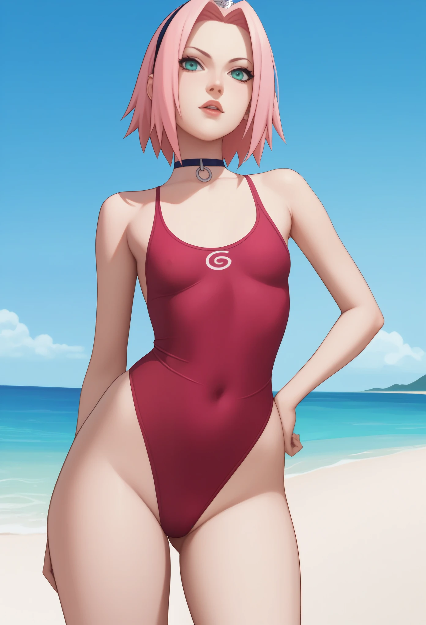 Haruno Sakura.short pale pink hair, large light green eyes, a large forehead, thin lips, small saggy breasts and very fair skin. huge hips. A disdainfully angry expression on his face. choker. one-piece swimsuit. beach. rear view. bottom view