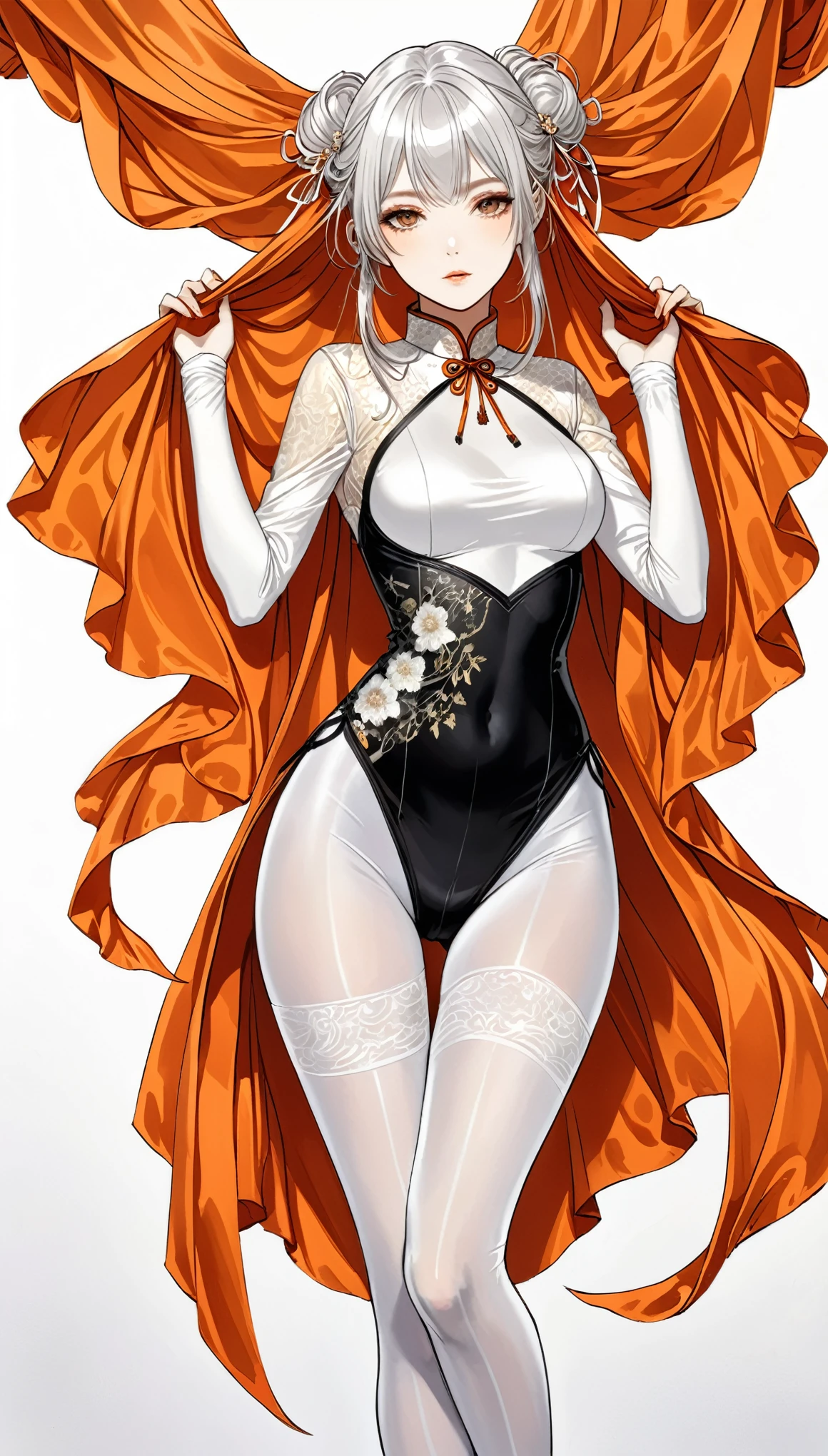 masterpiece, best quality, highres, hm2b, light blue eyes, mole under mouth, clothing cutout, long sleeves, puffy sleeves, juliet sleeves, feather trim, black thighhighs, black gloves, covered navel, (white_leotard:1.2), indoors, factory, standing, cowboy shot